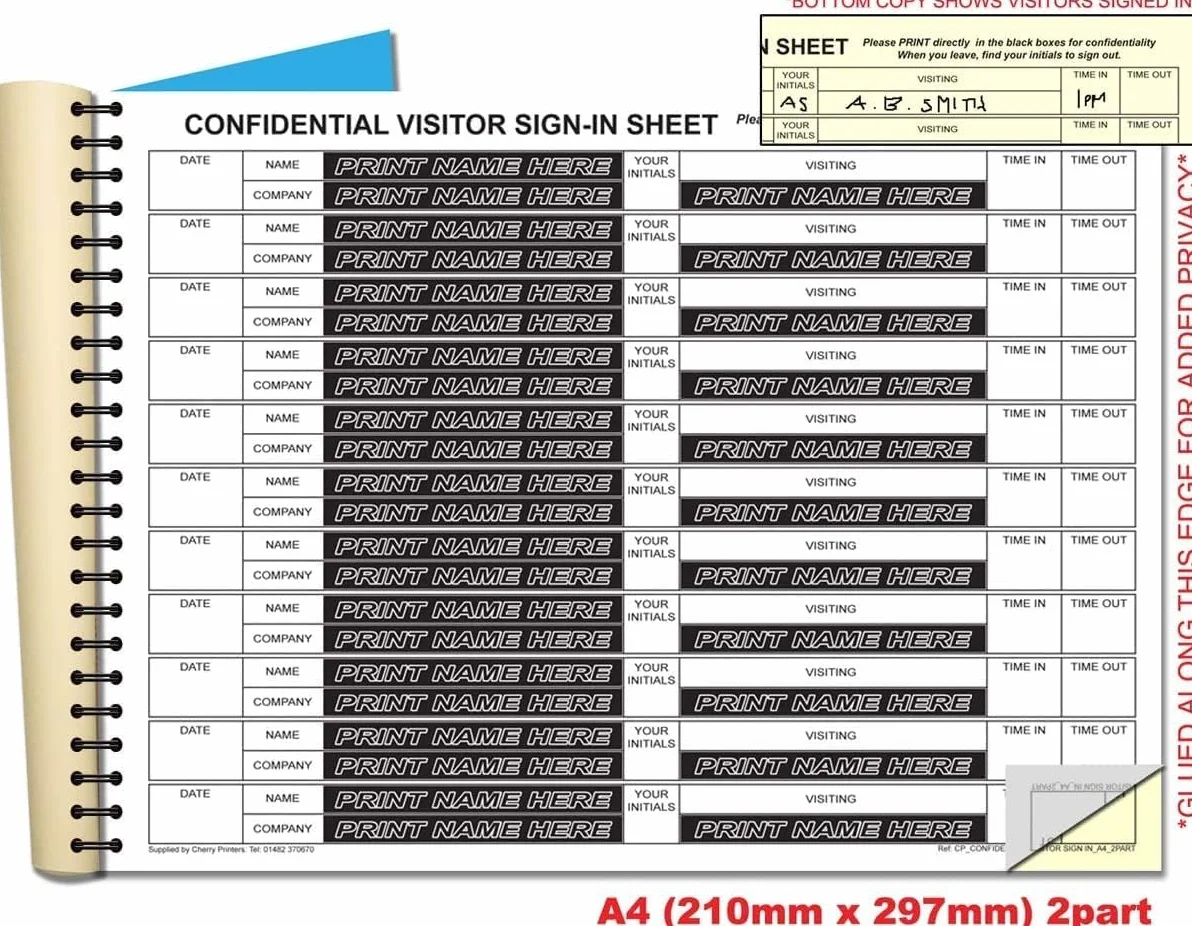Cherry Printers Carbonless NCR Visitor Sign in Duplicate Wiro Book A4 50 Set
