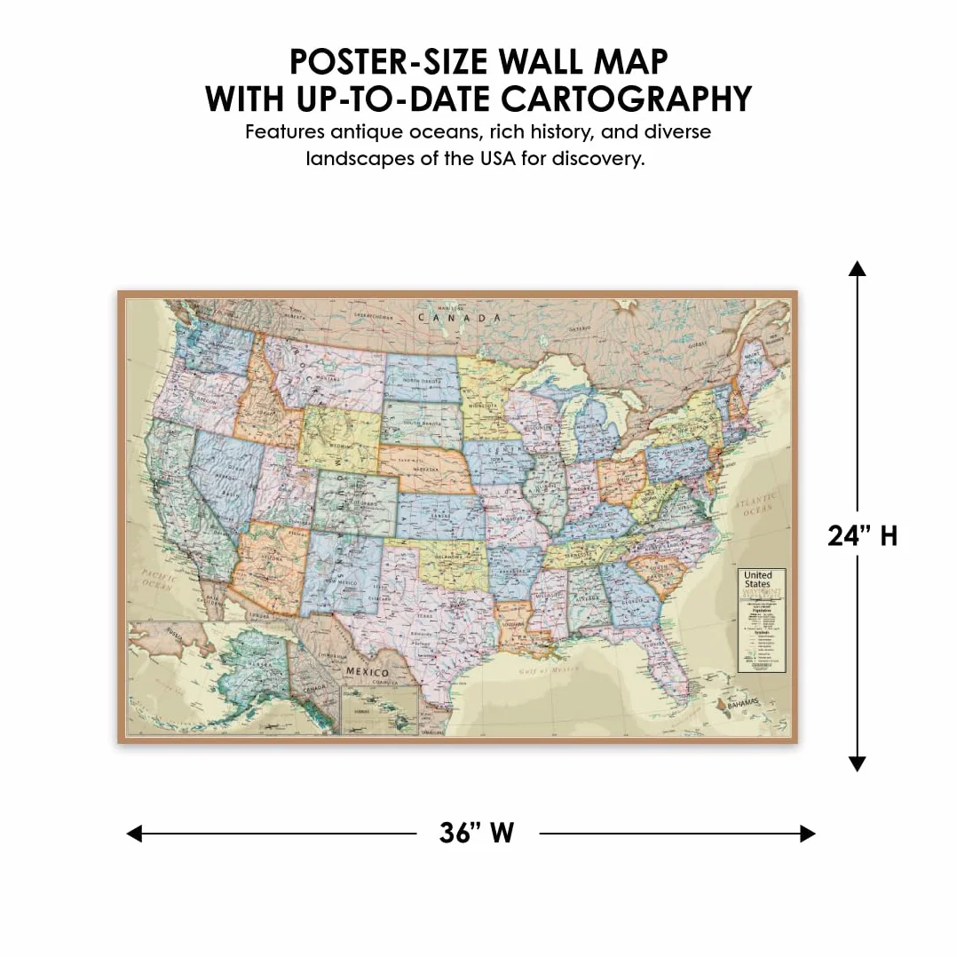 Waypoint Geographic Mappa del mondo laminata in stile antico della serie Boardroom USA, arte educativa da parete per casa, aula o ufficio, regali unici, 61 x 91,4 cm