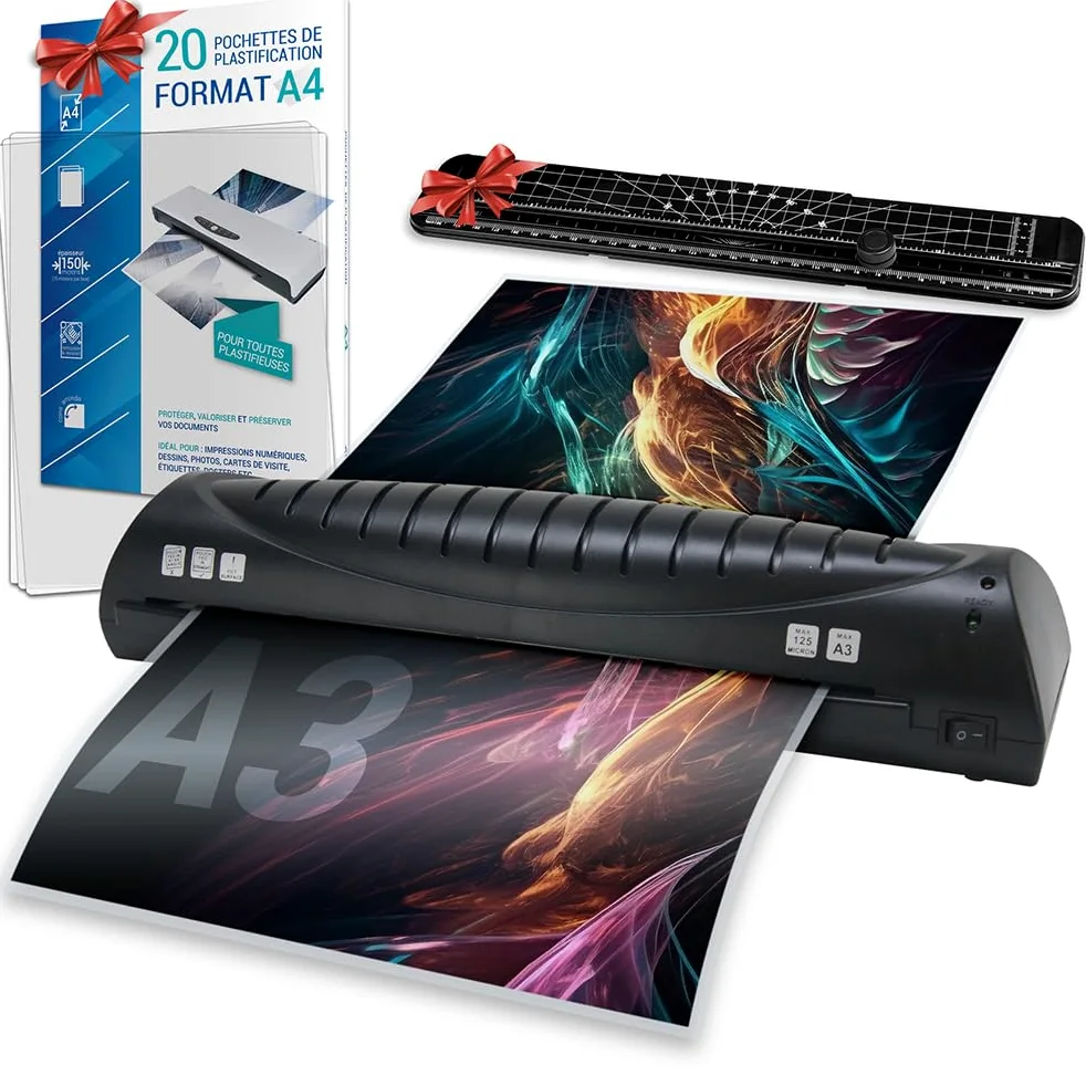 Plastificatrice A3 con 20 buste A4 e un taglio carta incluso, macchina per plastificatrice a caldo, plastificatrice A3, A4, A5, A6 con starter kit di avviamento, per ufficio casa scuola