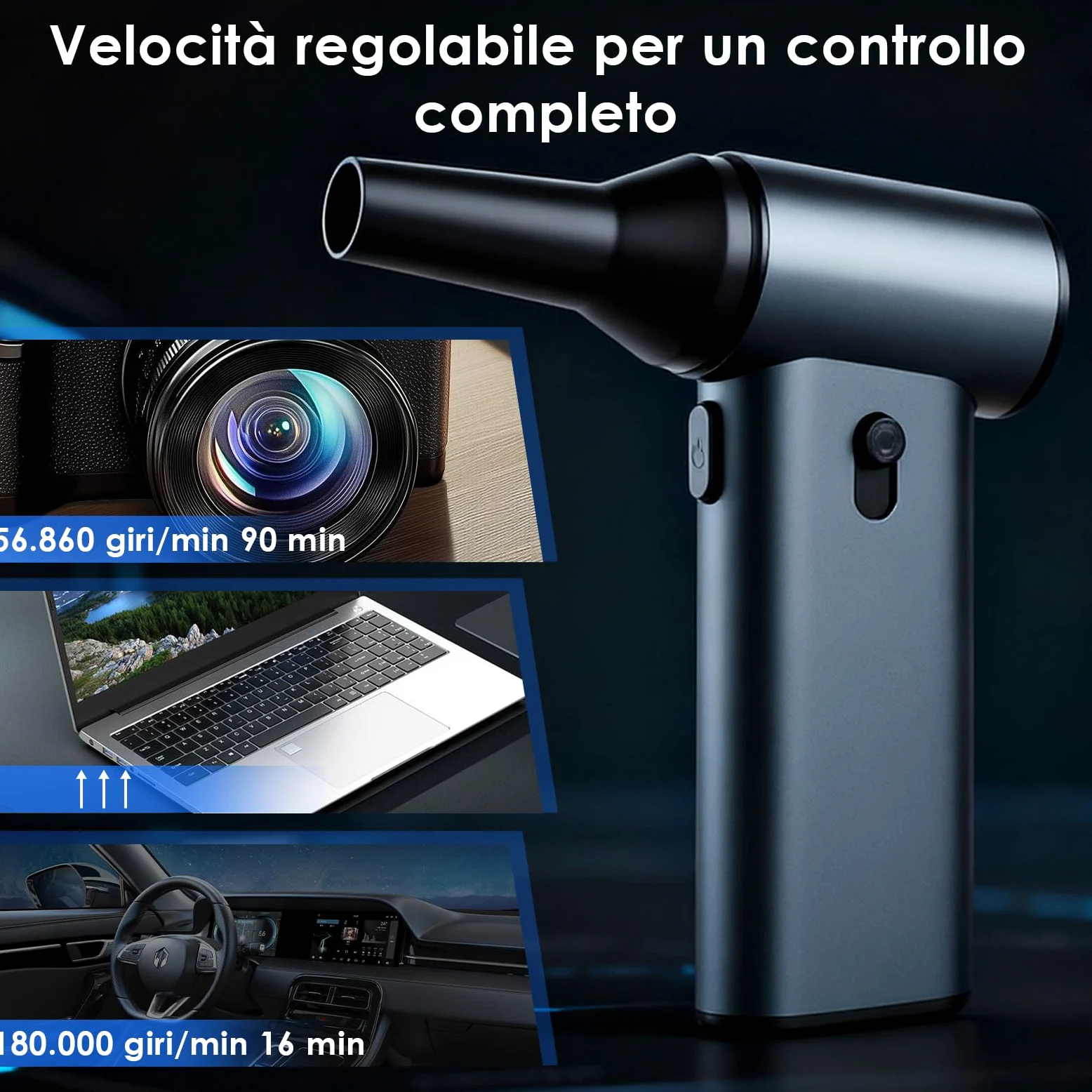 Soffiatore elettrico per la polvere, 180.000 giri/min, regolabile, 7500 mAh, ricaricabile tramite USB, set di pulizia per PC, laptop, auto, tastiere