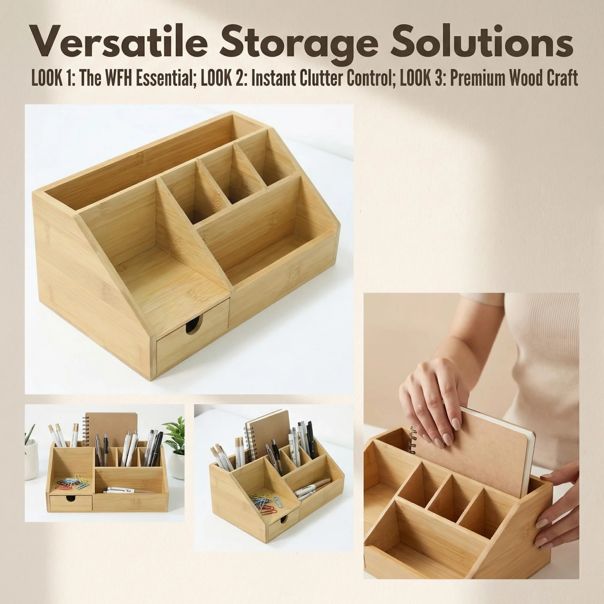 Organizer da scrivania in legno, 24,5 x 15 x 11 cm, con 7 scomparti e cassetto, con telecomando, portapenne, organizer da scrivania, per ufficio e casa