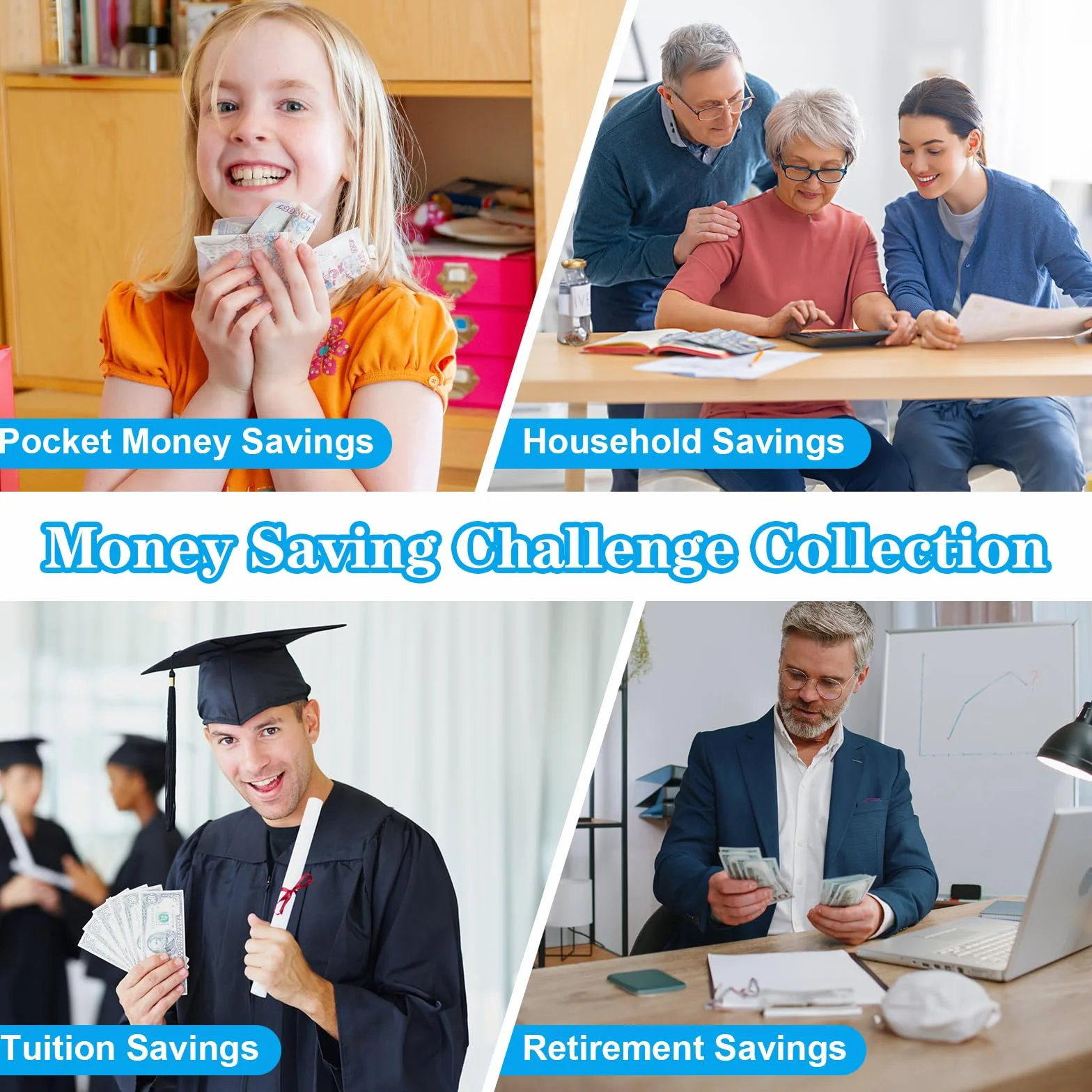 A5 Agenda Risparmio Soldi con Buste Porta Soldi e Tracker Della Sfida, Budget Binder per Risparmia Denaro Challenge - Blu