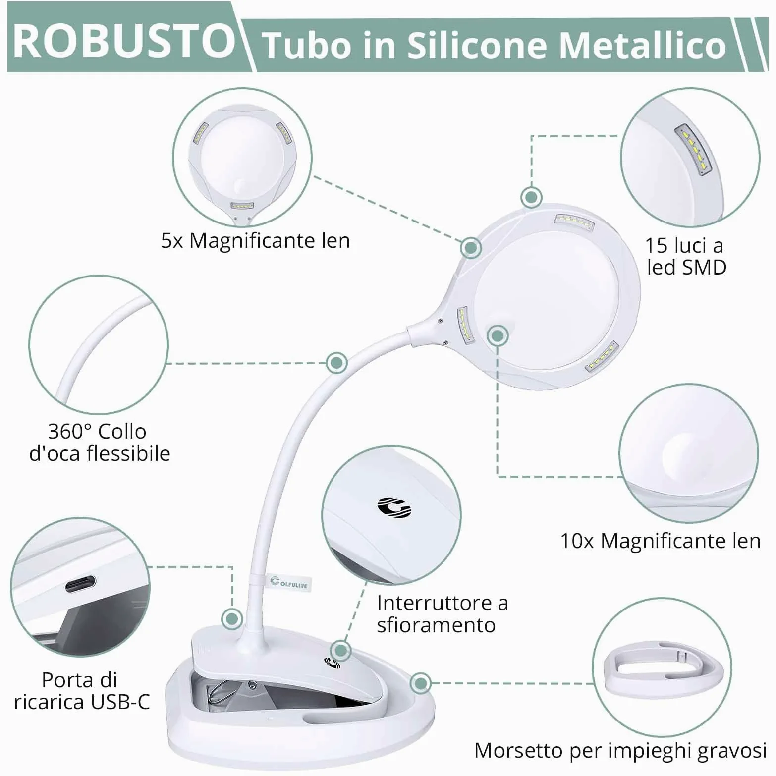 COLFULINE Lente di Ingrandimento con Lampade LED da Tavolo Ingrandimento Professionale 5x e 10x con Base e Morsetto 3 Livelli di Luminosità Regolabili per Lettura Pittura Fai-da-te Modello Manicure