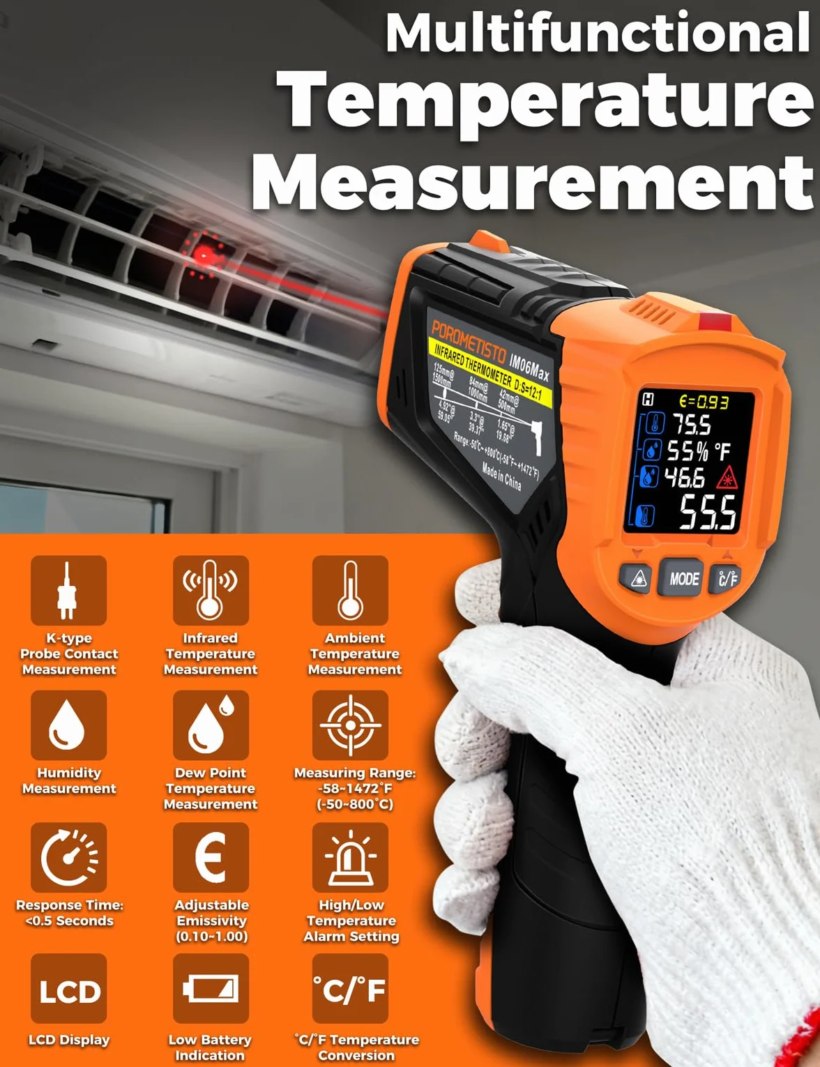Termometro Infrarossi POROMETISTO 4 in 1, -50°C～800°C, Rilevamento Umidità, K-Sonda, Laser IR Pirometro Digitale