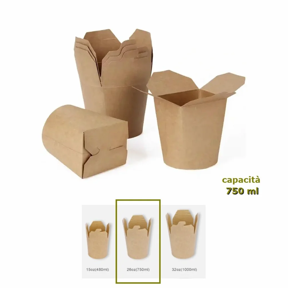 Bio Noodle Box Scatole da Asporto 750ml – 50 Pezzi Kraft Cartone con Coperchio Pieghevole