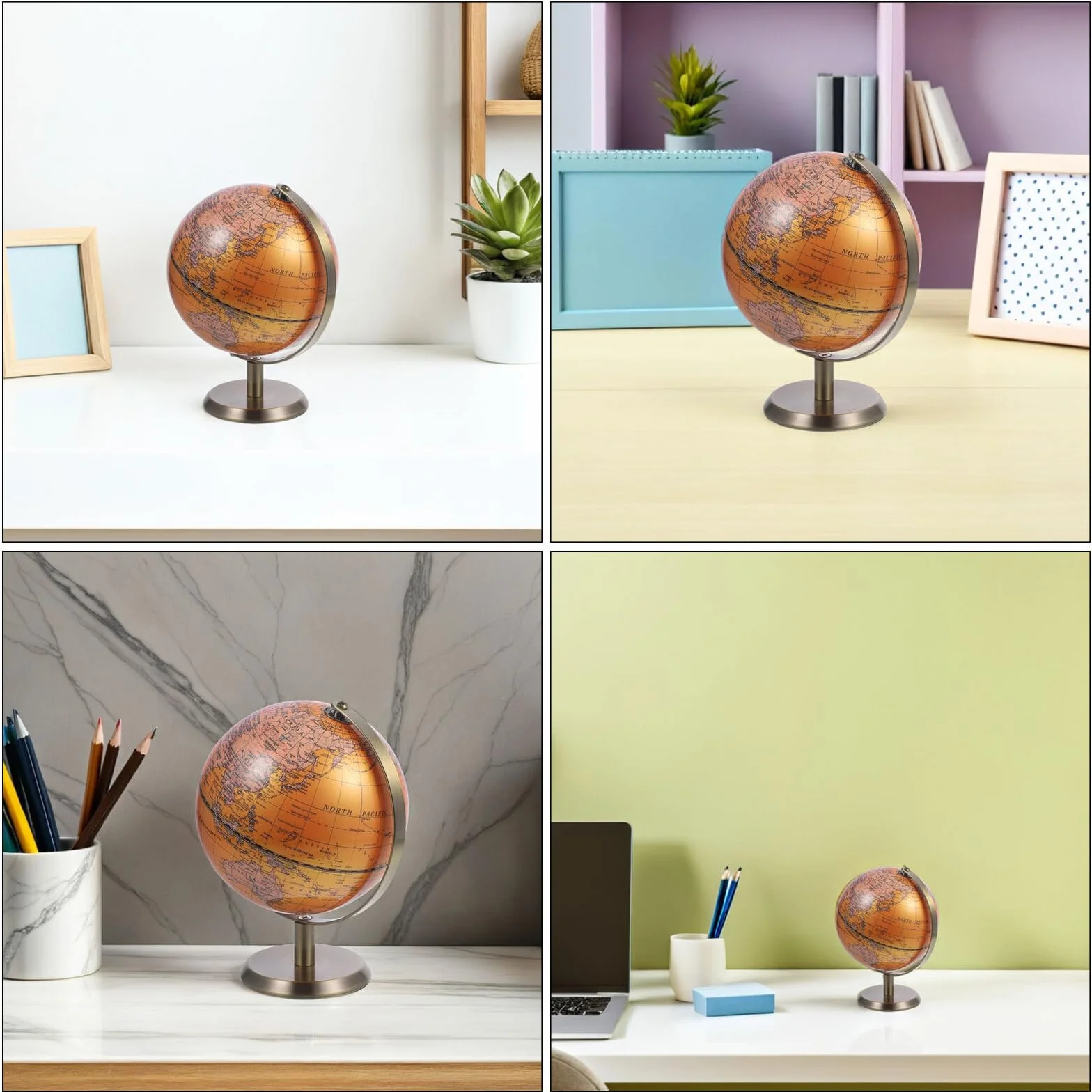 Mappamondo da Scrivania Decorativo in ABS e Metallo 14 CM con Etichette in Inglese Globo per Ufficio e Aula Scolastica Ornamento Educativo per Studio e Soggiorno