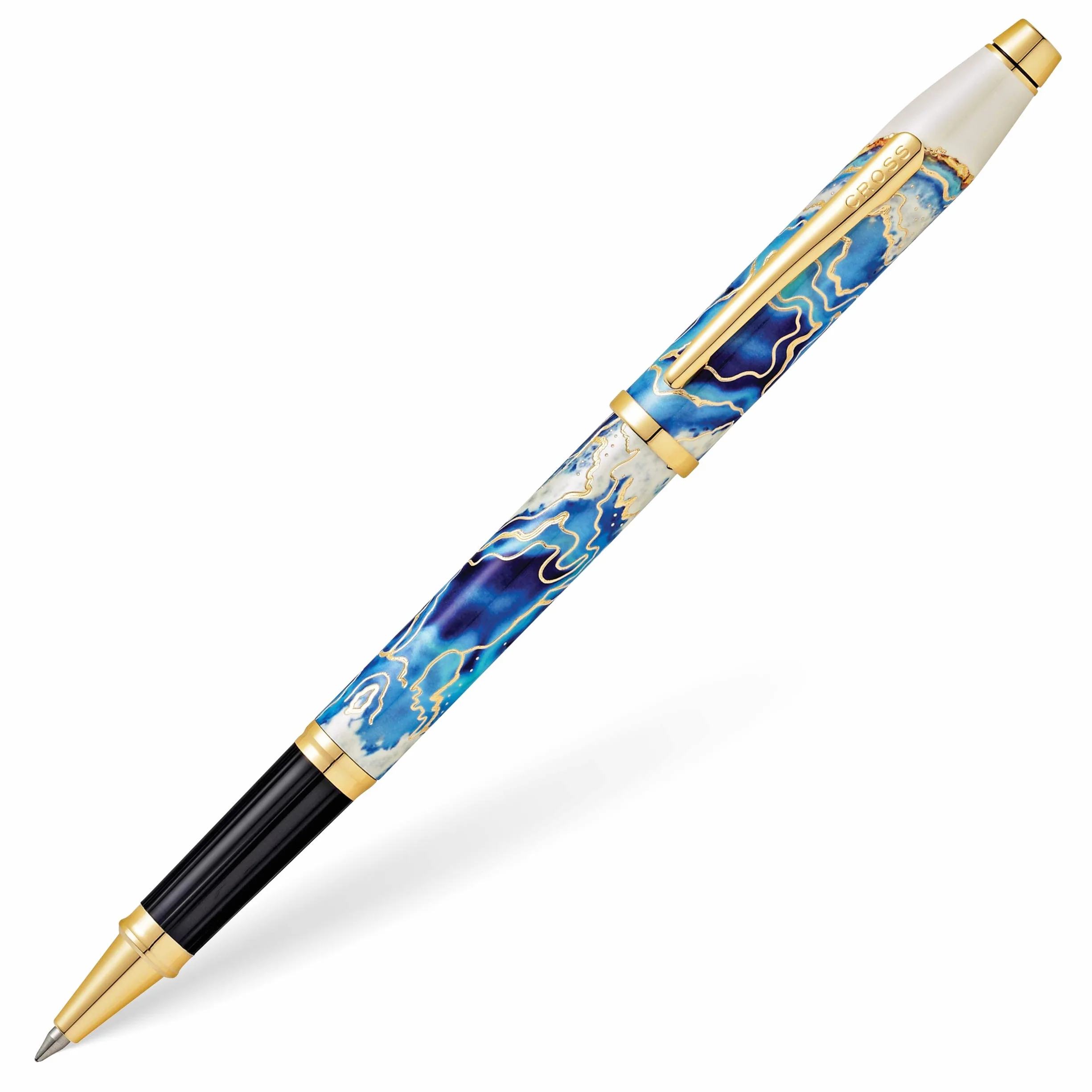 CROSS Wanderlust - Penna roller ricaricabile con tappo a scatto, in metallo, con appuntamenti placcati oro 23 carati, punta a sfera media, include confezione regalo premium e cartuccia nera, 1