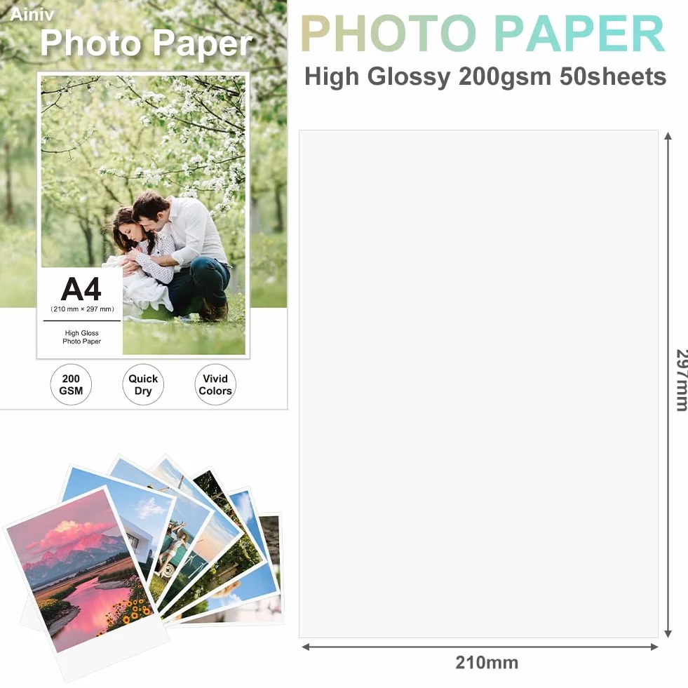 Ainiv 50 Fogli Carta Fotografica Lucida A4 200 g/m² Asciugatura Rapida Impermeabile per Stampanti a Getto d'inchiostro HP Canon Epson