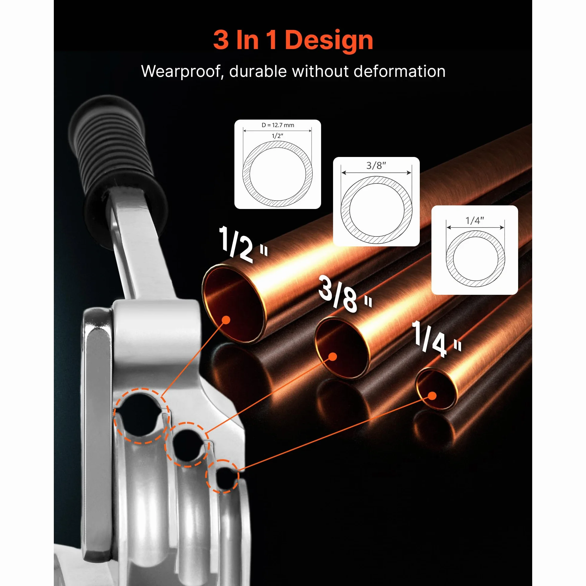 VEVOR Piegatubi 3 in 1, Diametro Esterno 1/4" 3/8" 1/2" per Rame Alluminio 180° HVAC