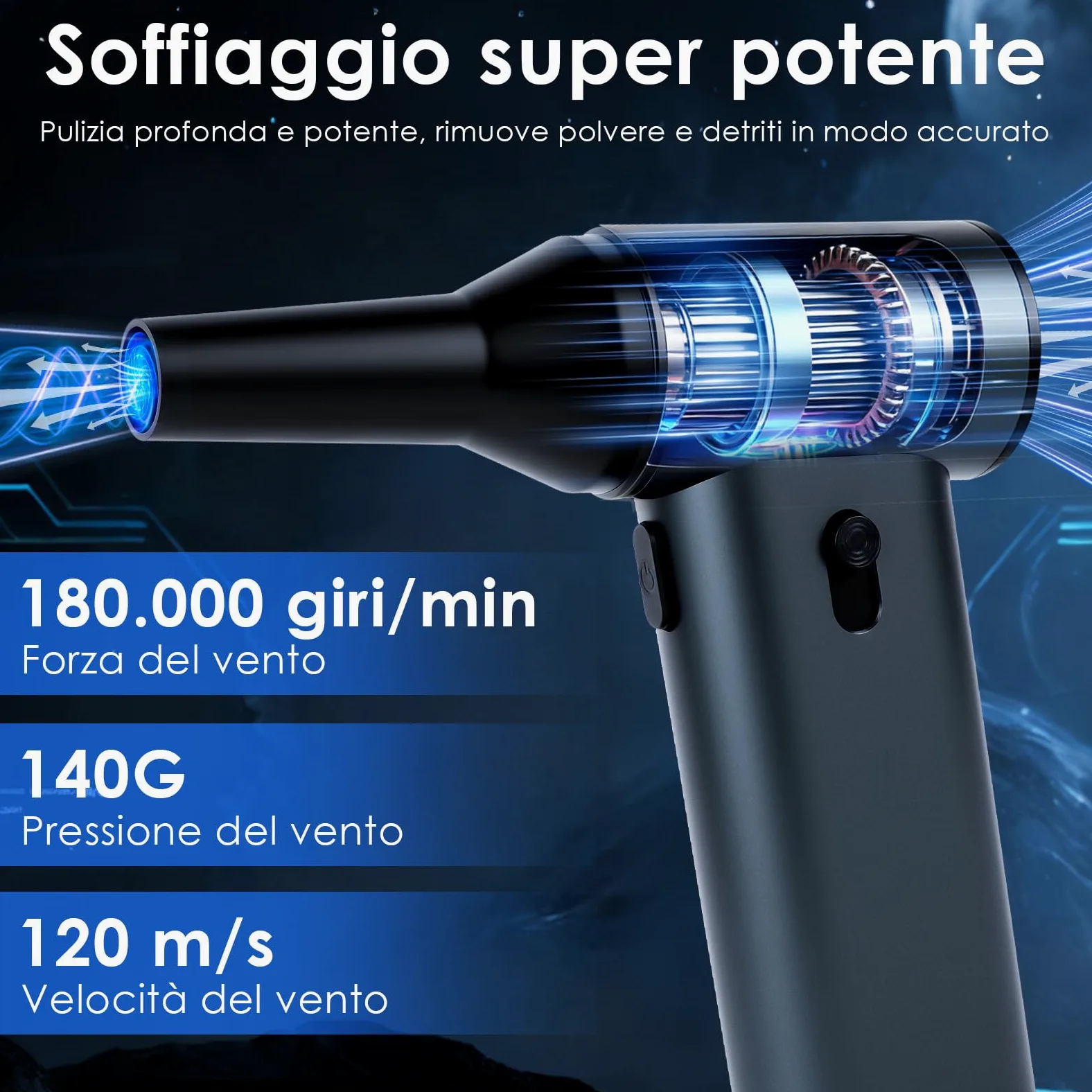 Soffiatore elettrico per la polvere, 180.000 giri/min, regolabile, 7500 mAh, ricaricabile tramite USB, set di pulizia per PC, laptop, auto, tastiere