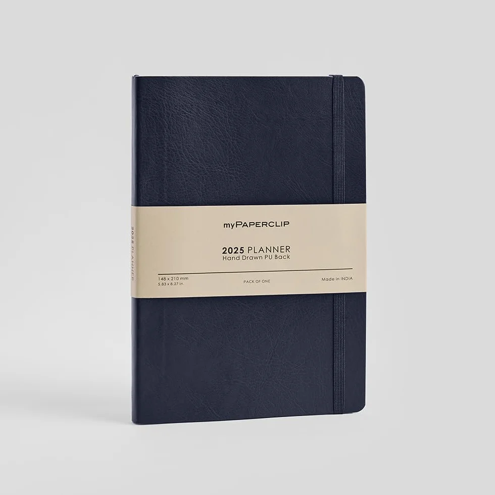 myPAPERCLIP Agenda settimanale 2025, rilegatura a filo, retro in pelle vegana disegnata a mano, formato A5 (148 x 210 mm, 14,8 x 21 cm), blu