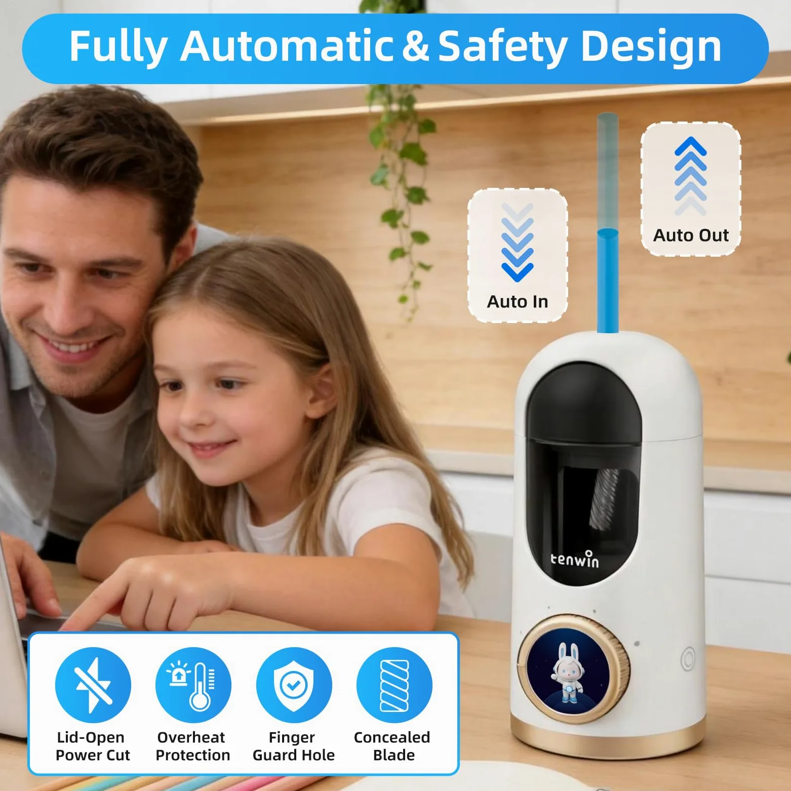 tenwin Temperamatite elettrico completamente automatico, punta rapida di matite e matite colorate da 7-12 mm, ricaricabile con display LCD, ideale per casa, ufficio e scuola (bianco)