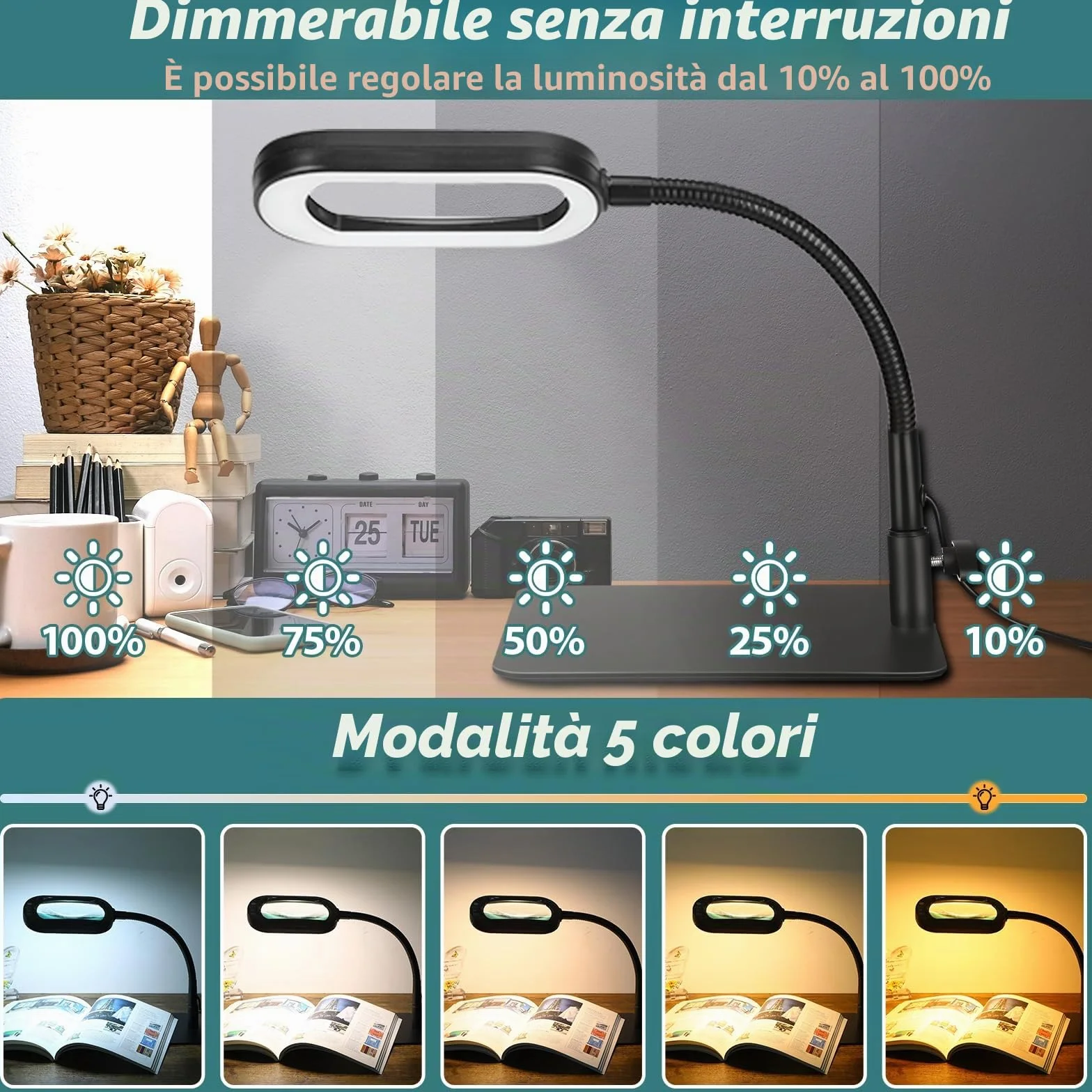 Drdefi 10X Rettangolare Lente di Ingrandimento con Luce LED, Lampada da Scrivania Flessibile con Collo di Cigno, 5 Modalità Colore