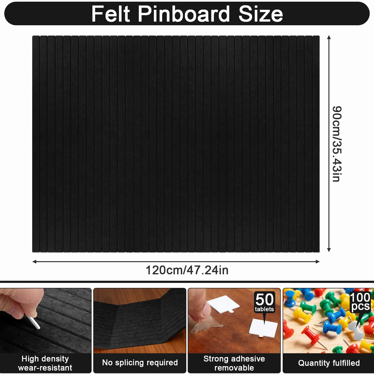 Bacheca Sughero 120 x 90 cm Bacheca Grande Autoadesiva Board in Feltro Lavagne Decorative per Ufficio, Casa e Cameretta dei Bambini Foto, Promemoria Nero