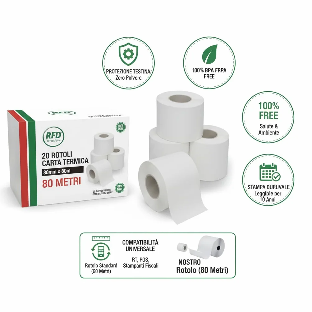 Carta Termica 80x80x12mm 20 Rotoli BPA Free Omologati per Stampante Fiscale POS Epson