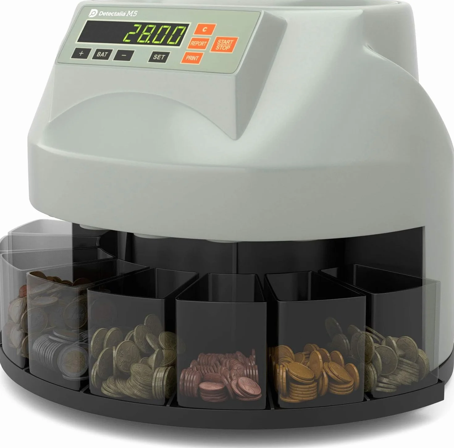 Detectalia M5 – Contamonete con conteggio del valore e selezione automatica delle monete euro miste – Separa le monete e Con uscita per stampante