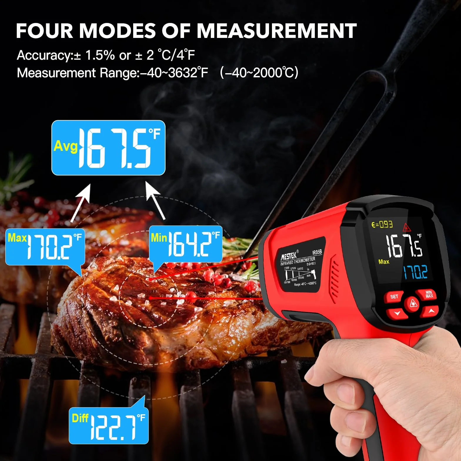 MESTEK Termometro a Infrarossi Digitale Laser -40°C~2000°C con K-Probe Senza Contatto LCD Emissività Regolabile Allarme
