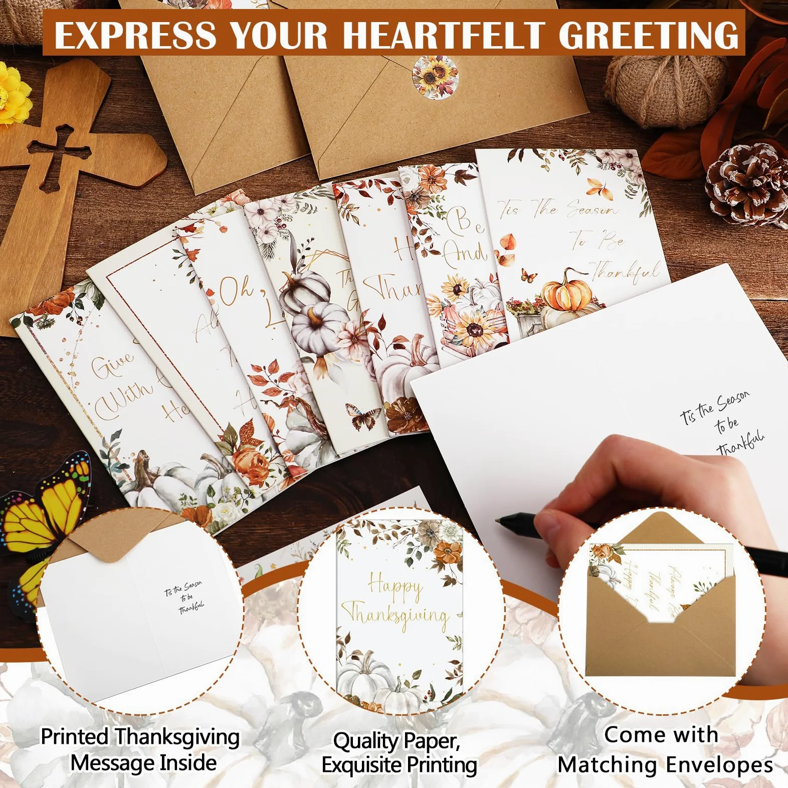Motiskyy Set di 80 biglietti d'auguri con buste e 4 fogli di adesivi con zucca autunnale e girasole, biglietti di auguri per amanti, amici, familiari, dipendenti, colleghi, regali