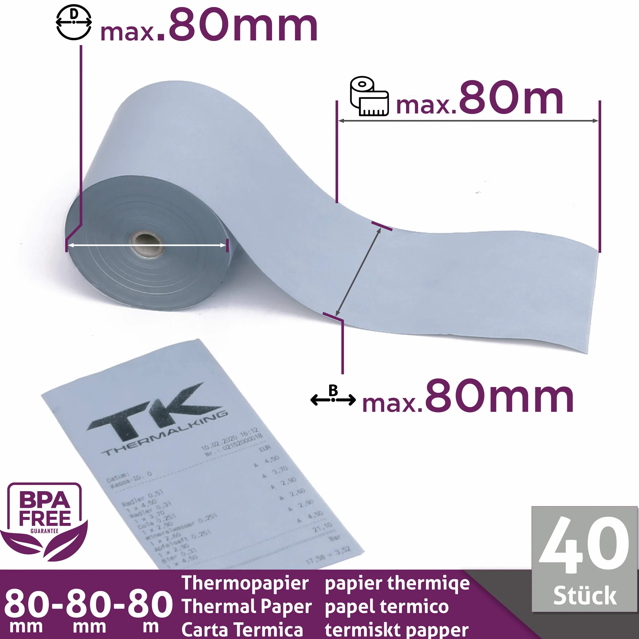ÖKO rotoli di carta termica 80 mm x 80 m x 12 mm, rotoli di carta termica senza fenolo (40 rotoli)