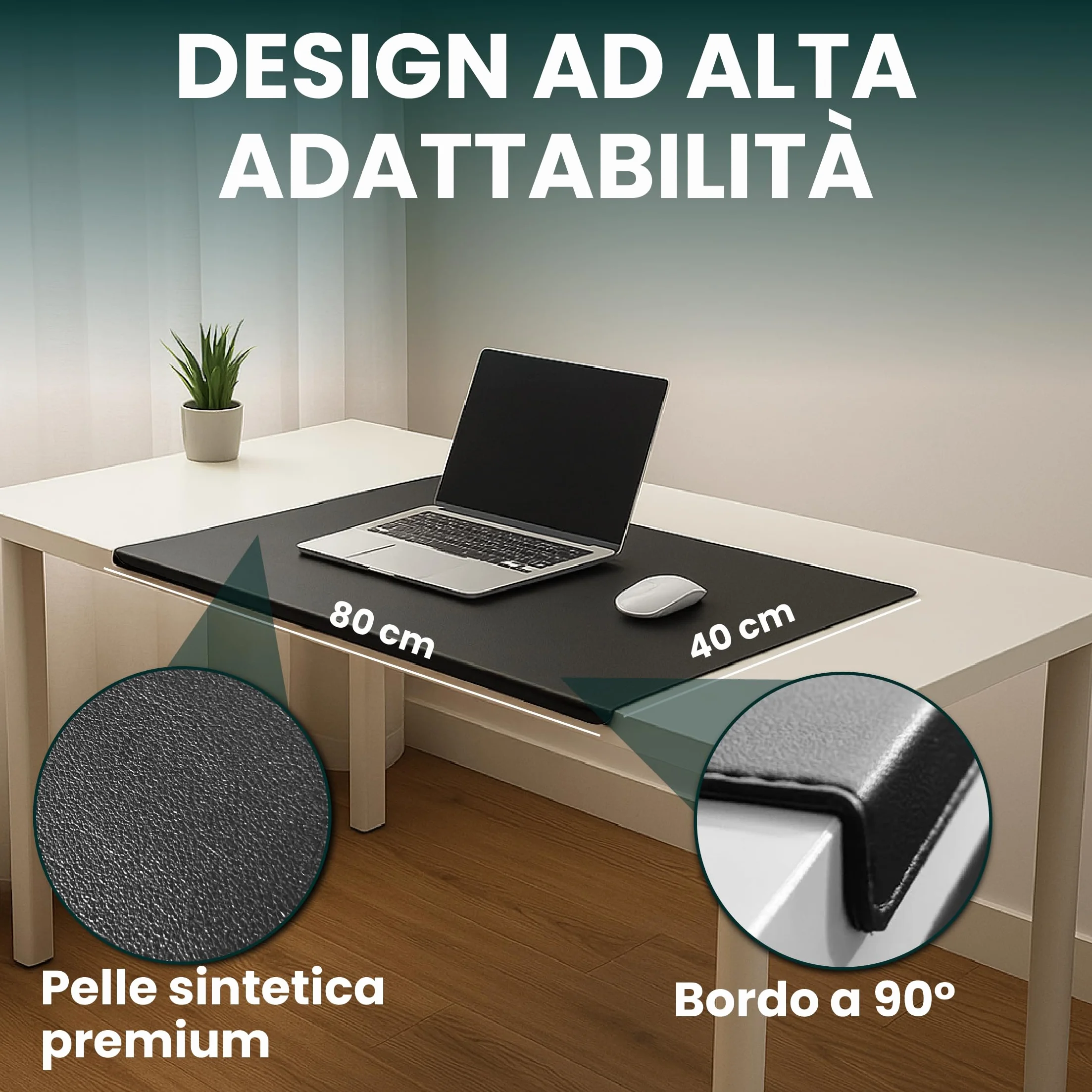 Tappetino da scrivania similpelle 80x40 cm impermeabile antiscivolo bordo 90°