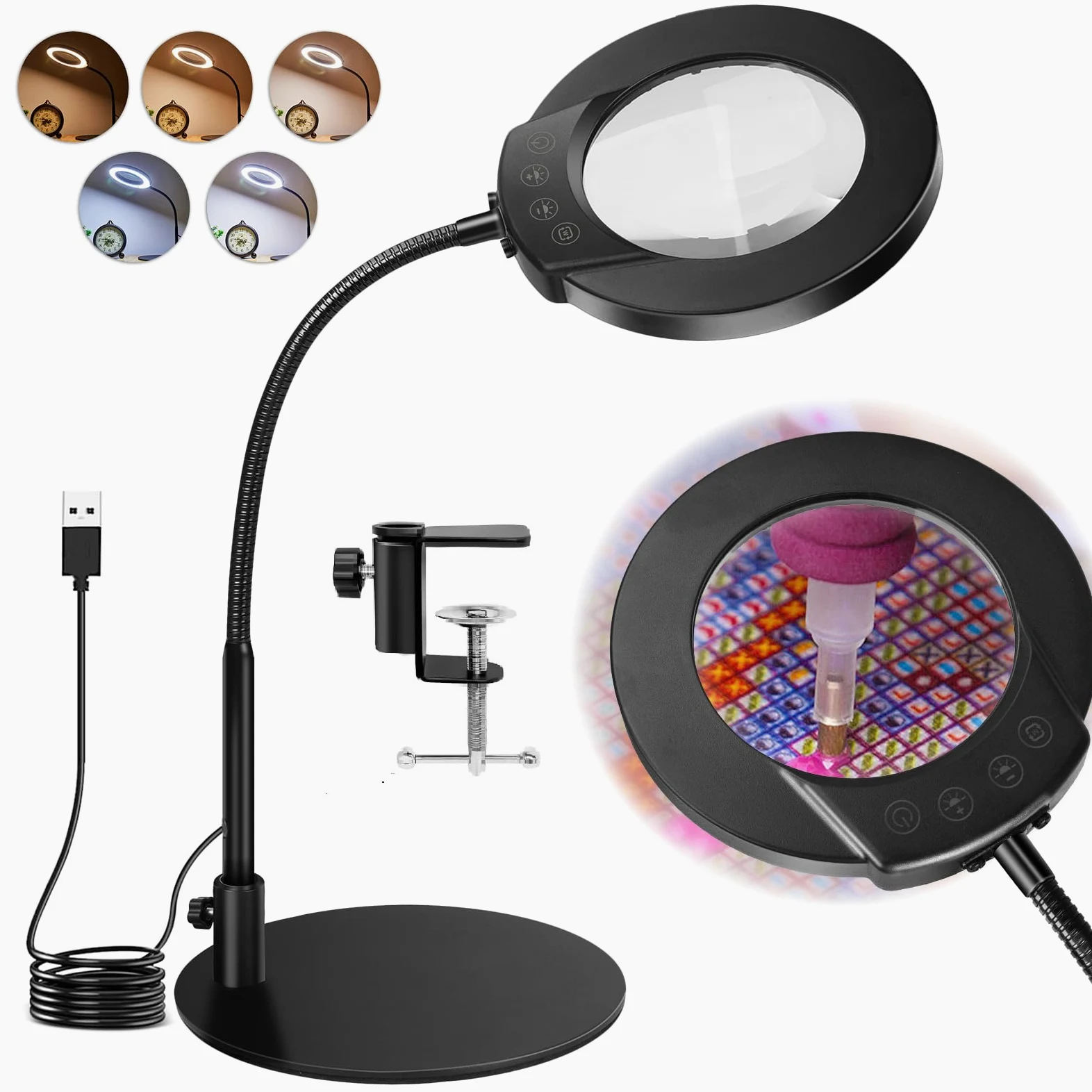 Cuteefun 10X Lente Ingrandimento con Luce, 2 in 1 Lampada con Lente di Ingrandimento con Morsetto, 5 Modalità di Colore, Interruttore a Sfioramento, Ideale per L'Artigianato, Le Riparazioni