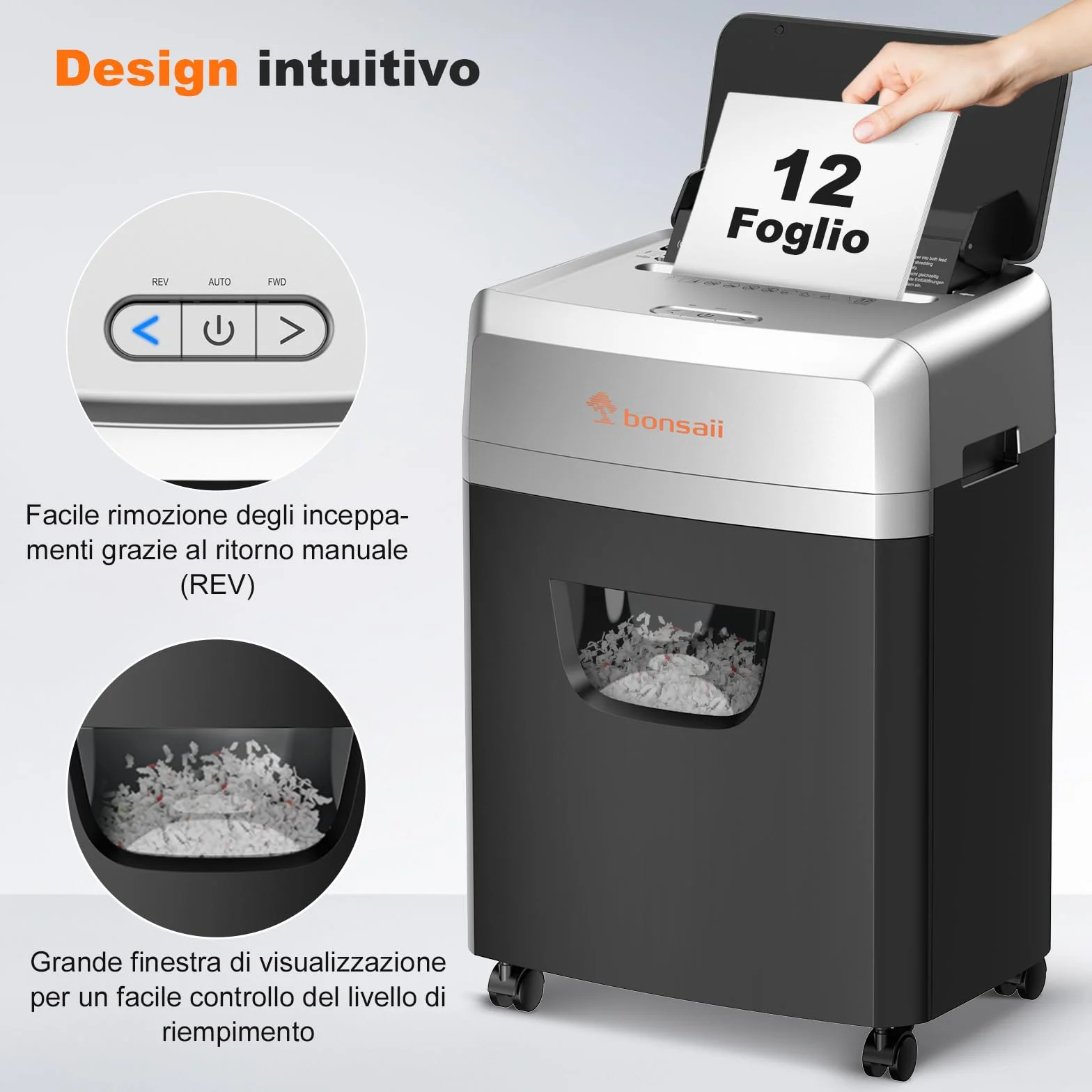 Bonsaii Distruggidocumenti con alimentazione automatica per 160 fogli, taglio a croce P-4, 60 minuti di funzionamento continuo, scatola di scarico da 23 litri, per uso ufficio C290-A