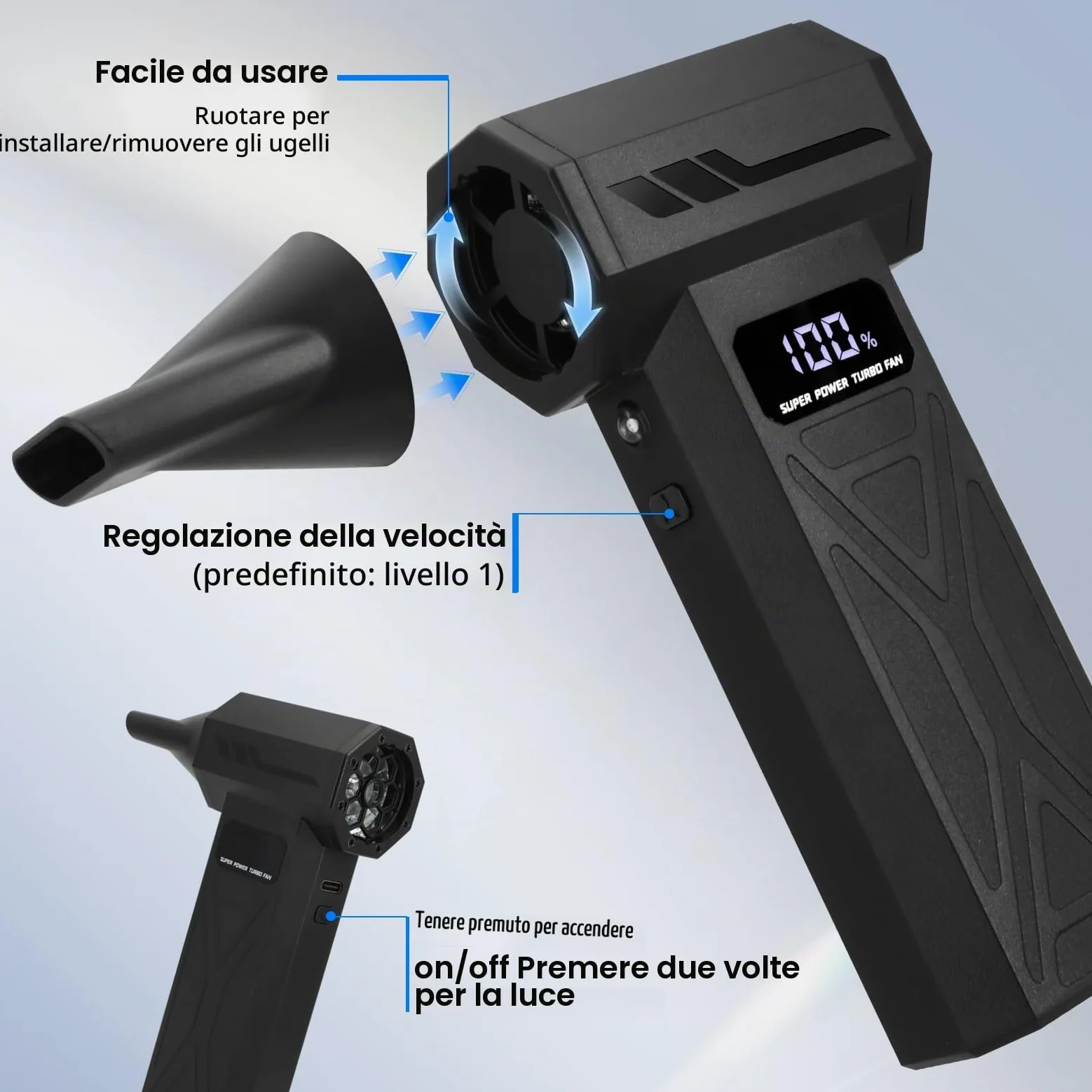 Aria Compressa Elettrico 4 Velocità – Soffiatore Portatile 4000 mAh con LED | Velocità Max 110.000 RPM, Autonomia 20-60 min, 5 Ugelli + 10 Spazzole, Ricarica Rapida 2,5 ore, per PC/Auto/Divani/Tastiere