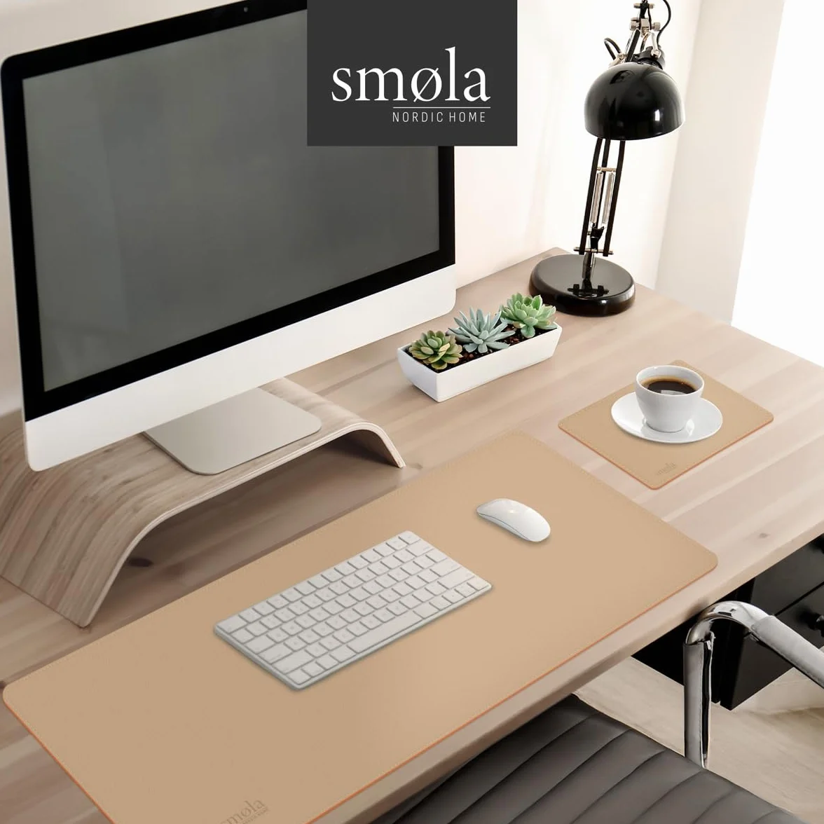 Sottomano da scrivania in pelle PU 85x40 cm lavabile double face sabbia-beige/cognac