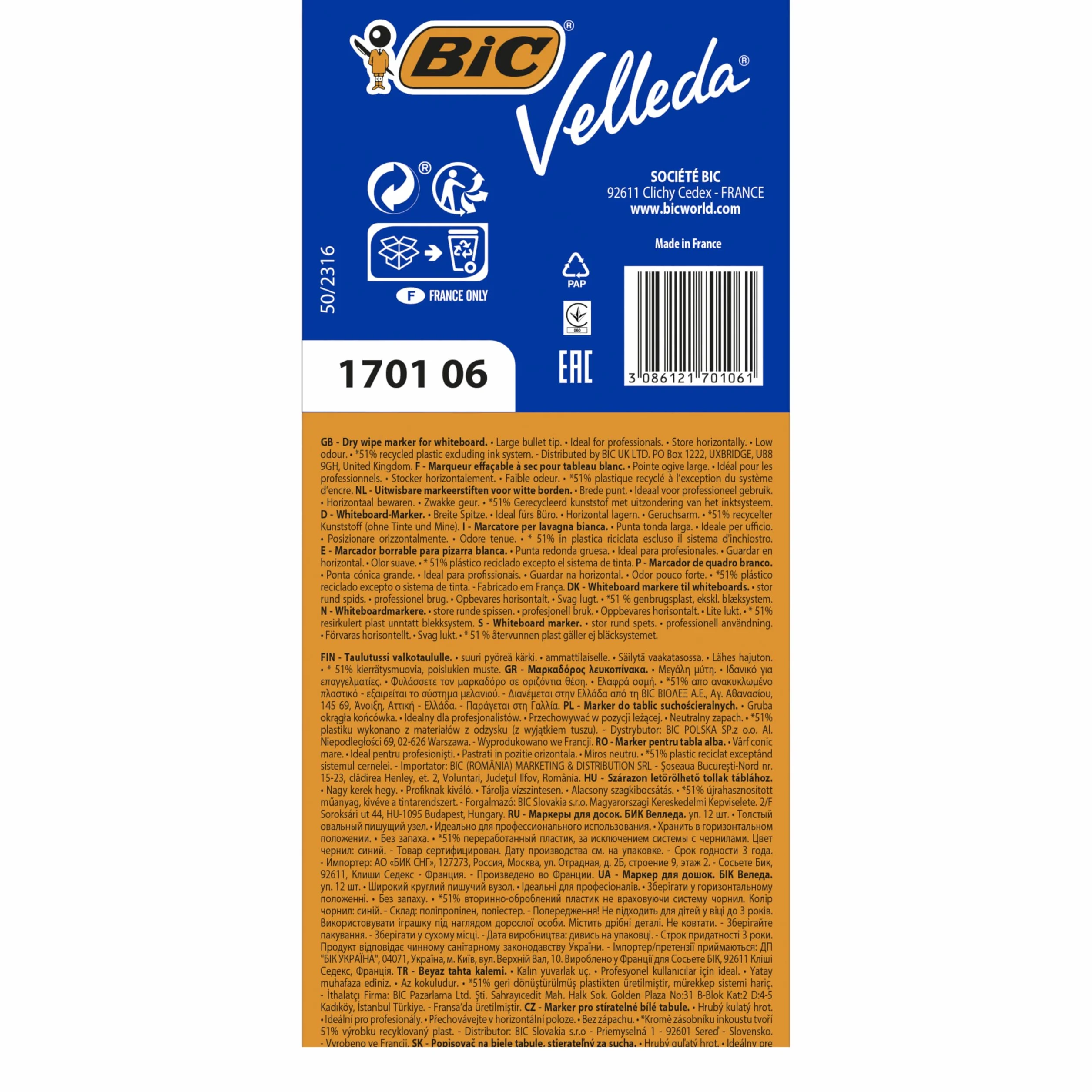 BIC Board Marker Bullet Tip 3, Whiteboard, 12 Pezzi