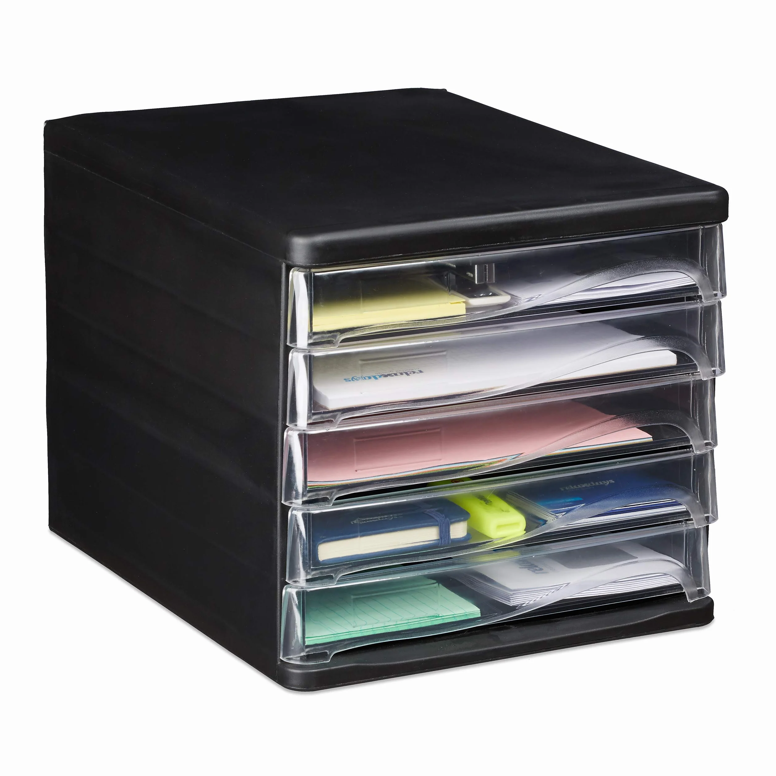 Relaxdays Organizer da Scrivania 5 Cassetti per Articoli di Cancelleria e Documenti, Formato A4 HLP 24,5x26,5x34 cm Nero