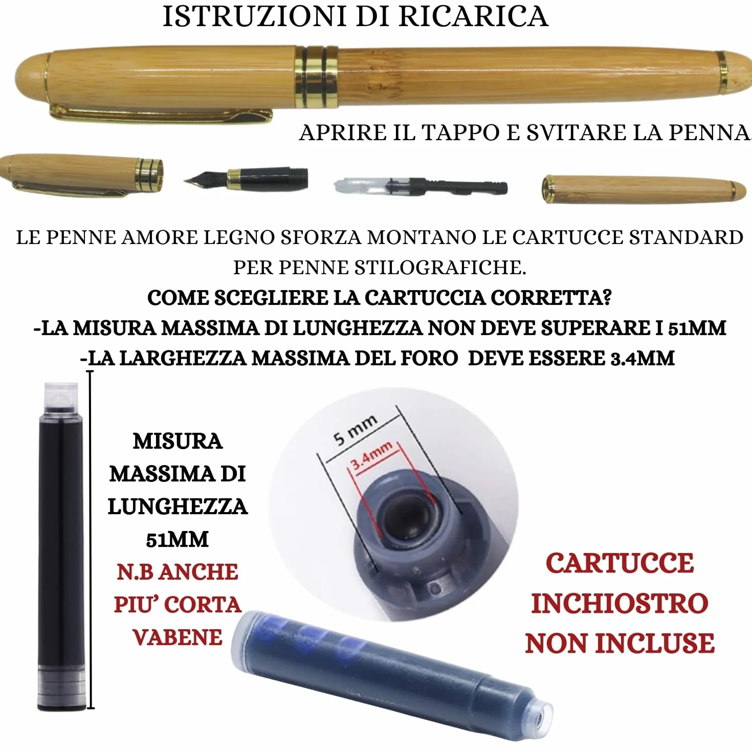 Amore Legno Sforza Penna Stilografica Elegante, Regalo Uomo Donna Laurea Compleanno con Frasi Motivazionali, Scatola Bamboo