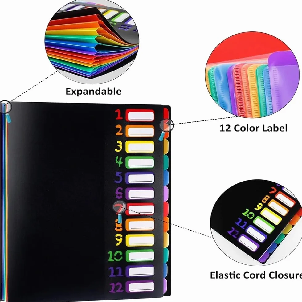 Cartelle Formato A4 Lettera, Organizer for cartelle espandibili in plastica mensile Resistente con 12 Tasche espandibili per l'archiviazione e l'organizzazione Quotidiana(Nero)
