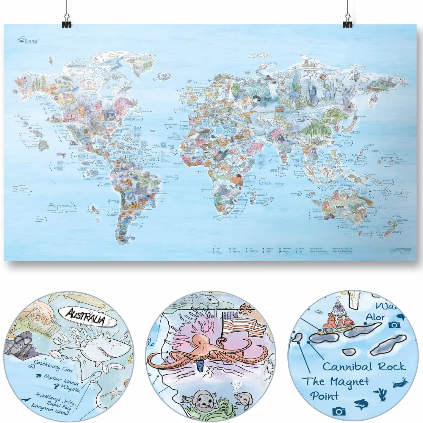 Dive Map by Awesome Maps - Mappa del mondo illustrata per gli appassionati di immersioni - riscrivibile - 97,5 x 56 cm