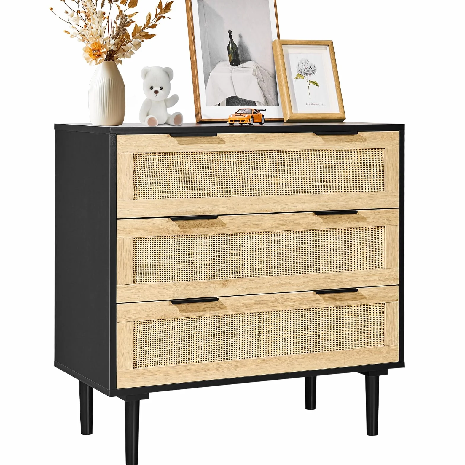 VEVOR Cassettiere in Legno di Rattan Naturale con 3 Cassetti, Moderna Cassettiera in Legno per Vestiti e Contenitori Boho con Maniglie e Gambe Robuste, per Camera da Letto Soggiorno e Corridoio