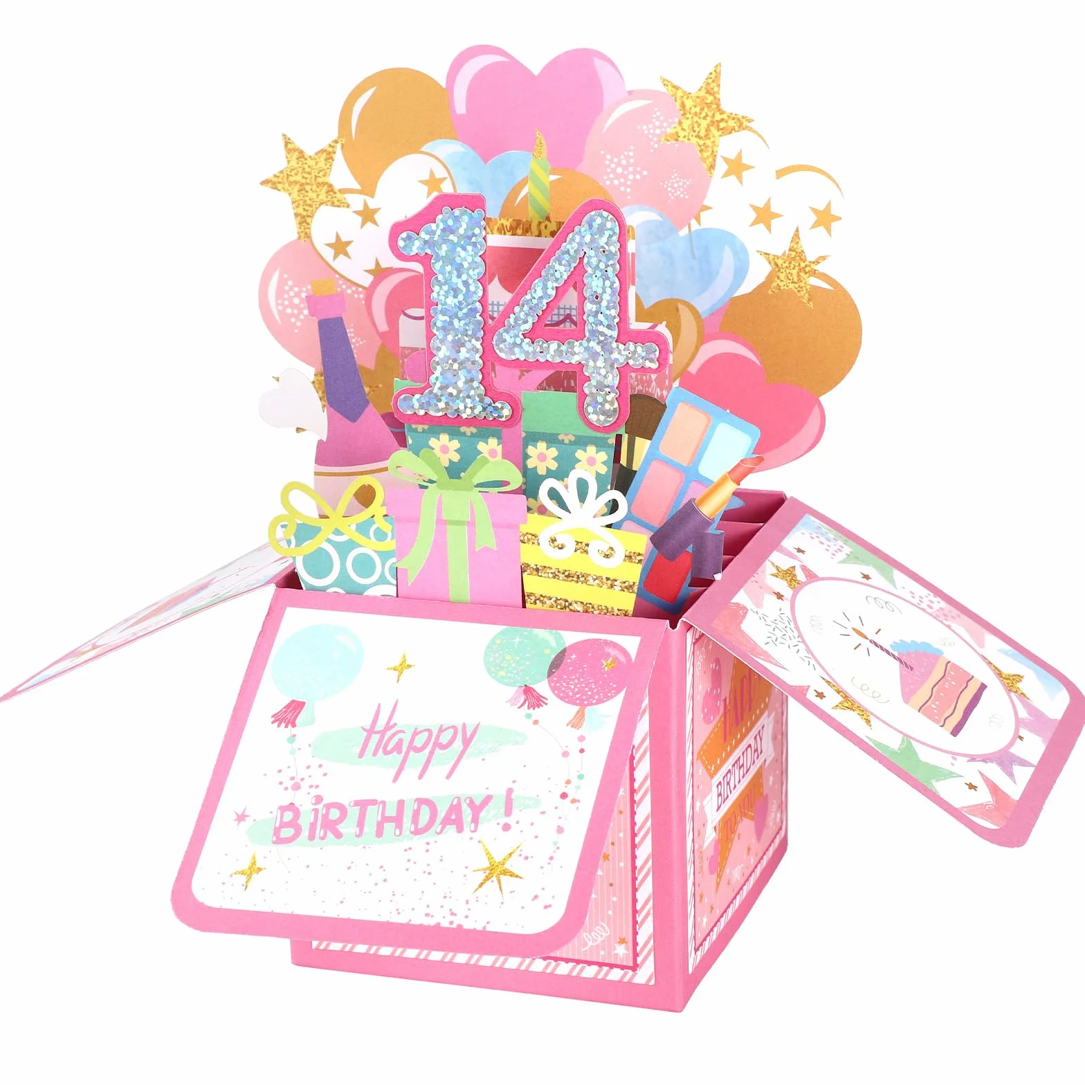 Biglietto Pop-up 3D Lucido 14th Happy Birthday con Busta, Cartolina Compleanno per Ragazza
