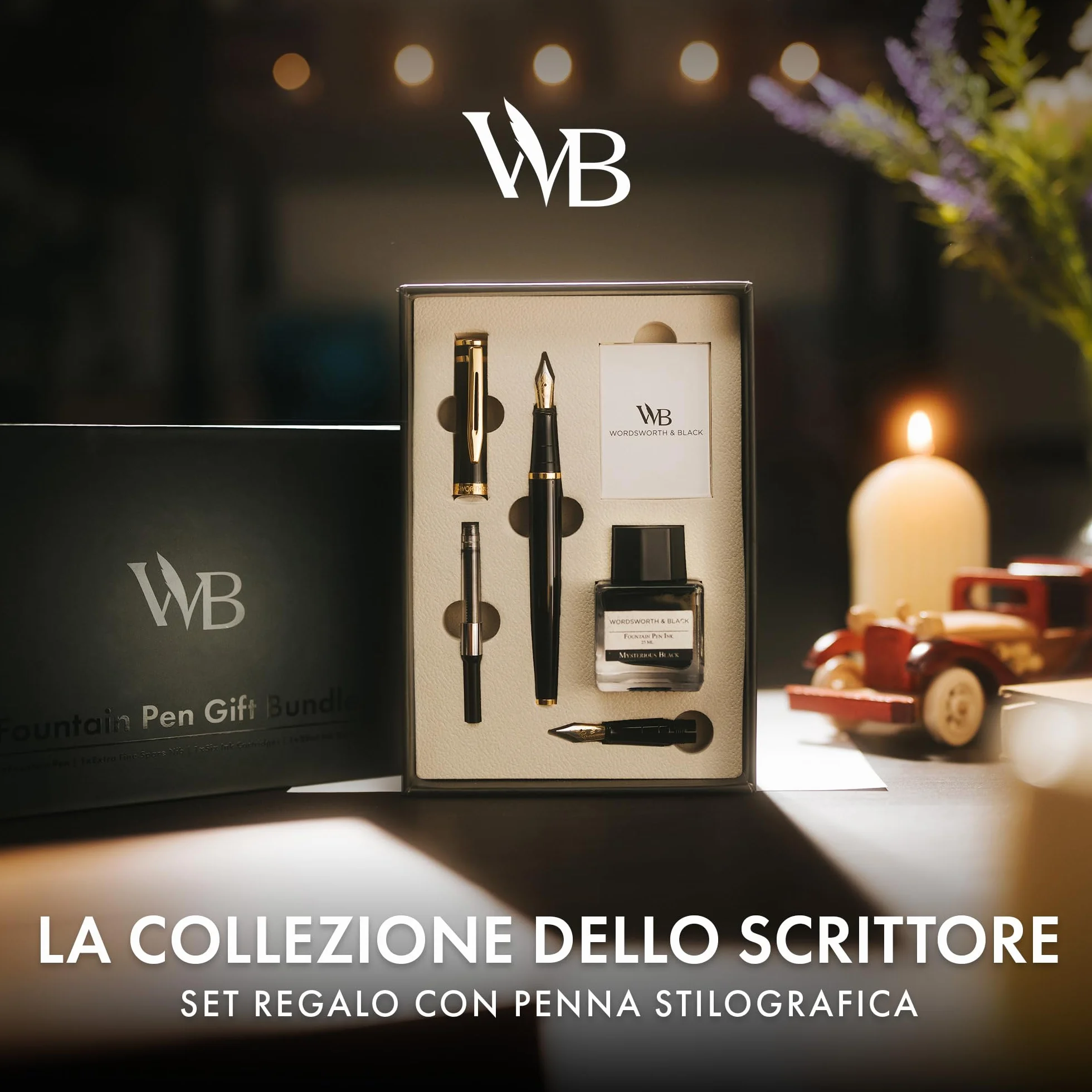 Wordsworth & Black Set di Penne Stilografiche, Pennino Medio e Extra Fine 18K Oro, Bottiglia Inchiostro Nero 25ML, 6 Cartucce, Convertitore, Confezione Regalo – [Nero Oro], Set per Uomini e Donne.