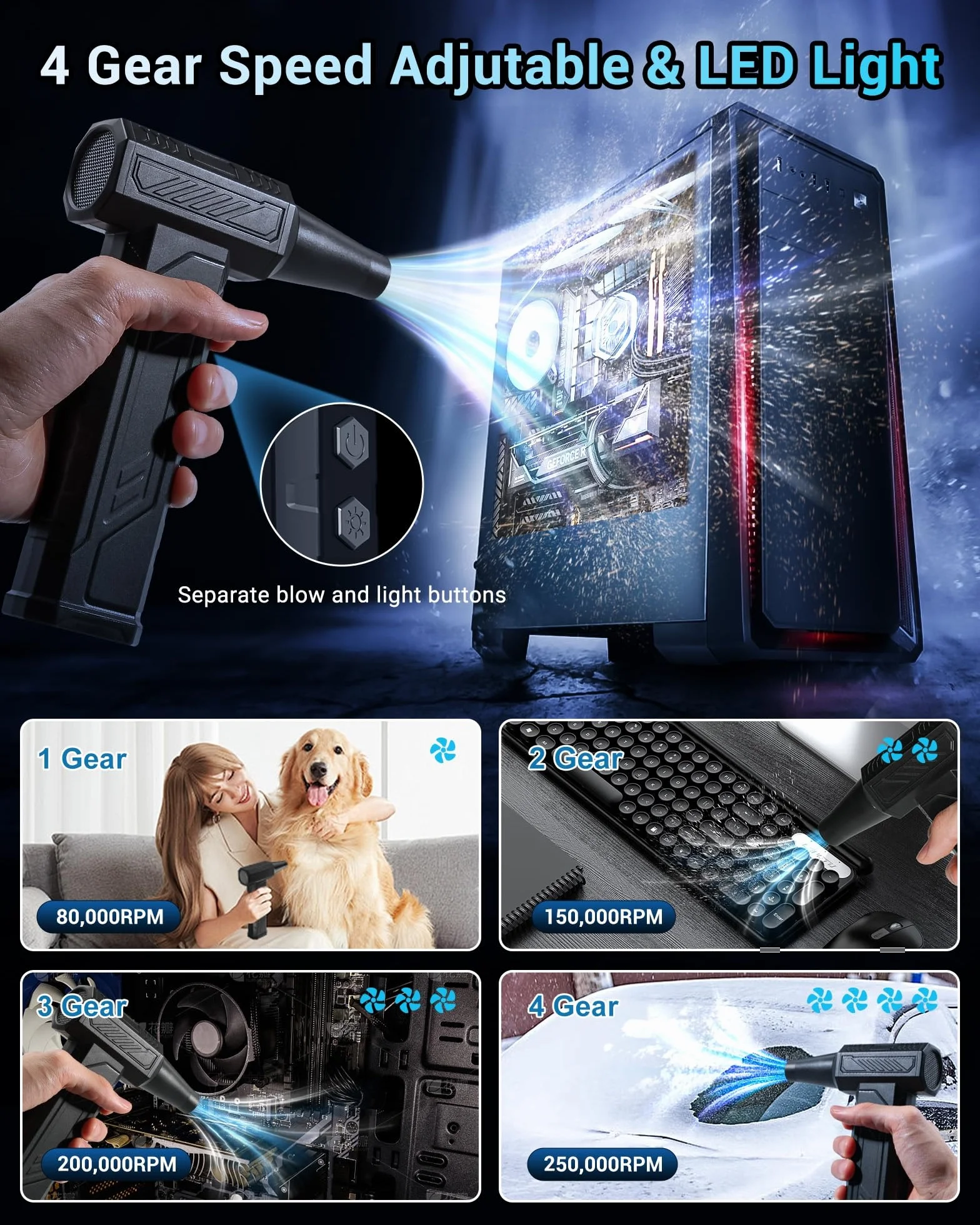 WHATOOK Soffiatore Polvere Aria Compressa Potente Elettrico, 4 Velocità 250000RPM Mini Turbo Jet Fan con Batteria da 8000 mAh e Luce LED, Soffiatore Air Duster Compressa Spray per PC, Tastiera, Auto