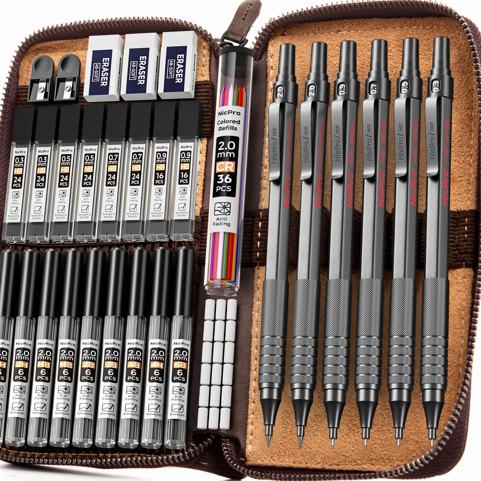 Nicpro 6 pezzi matite meccaniche in custodia pelle, portamine da disegno artistico da 0,3 0,5 0,7 0,9 2 mm per schizzi e scrittura, matita con 18 ricariche di mine (6B 4B 2B HB 2H 4H colori)