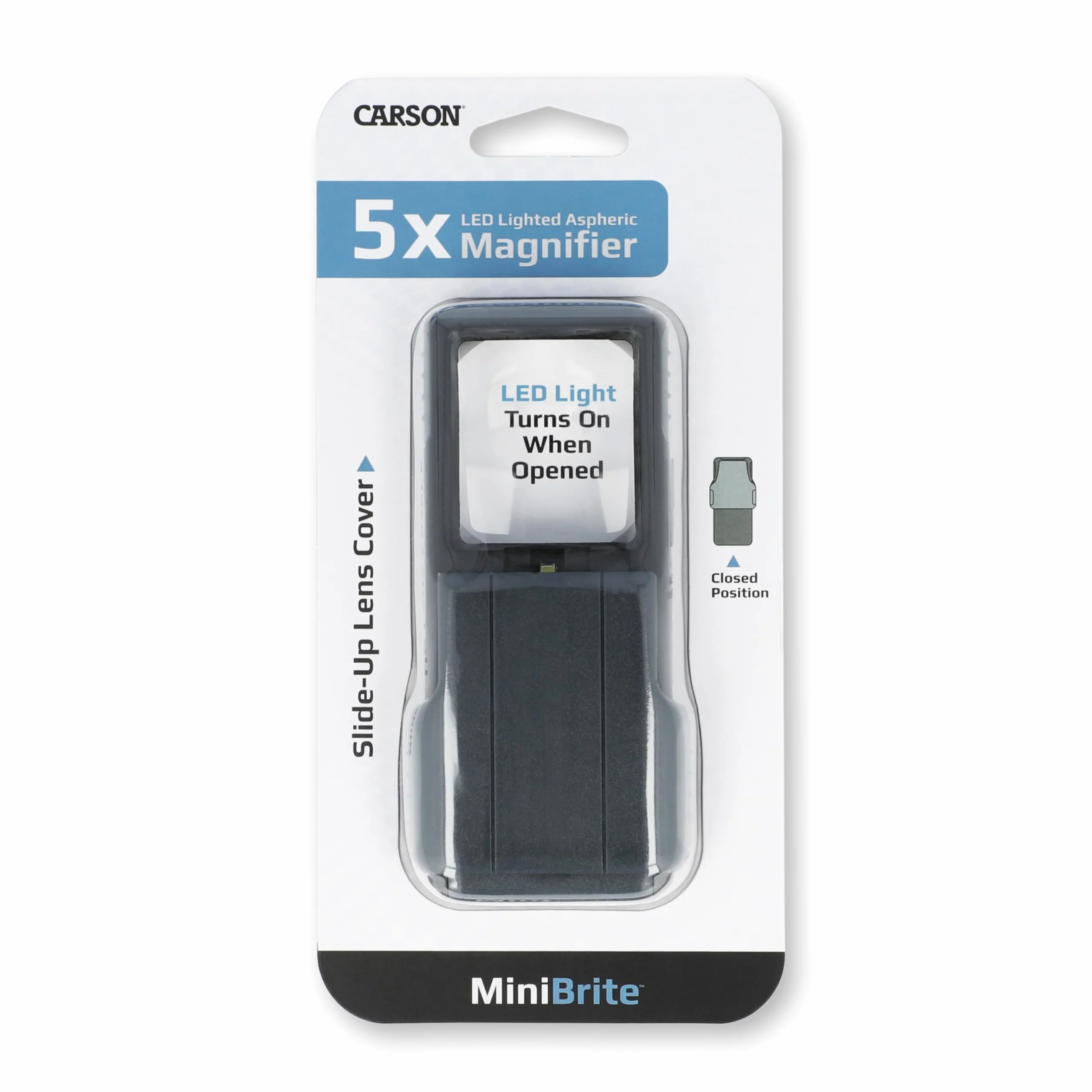 Carson MiniBrite 5x Lente d'Ingrandimento Tascabile con Luce LED Integrata e Custodia Scorrevole PO-55