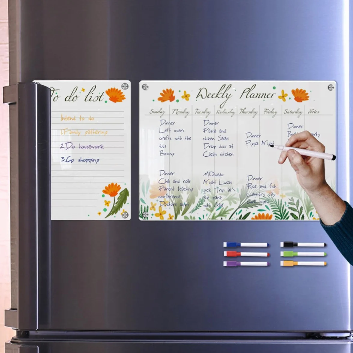 Calendario Settimanale Magnetico per Frigorifero Lavagna Acrilica Cancellabile a Secco Bordo Floreale Trasparente Set 8 Pezzi A3+a4 per Casa, Ufficio e Scuola