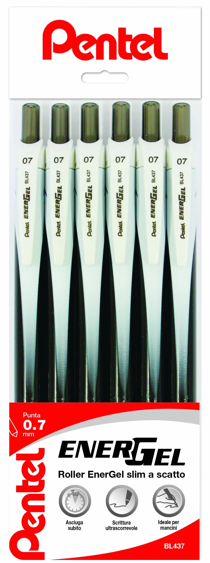 Pentel BL437 Energel Slim roller gel 0,7 mm nero 6 pezzi