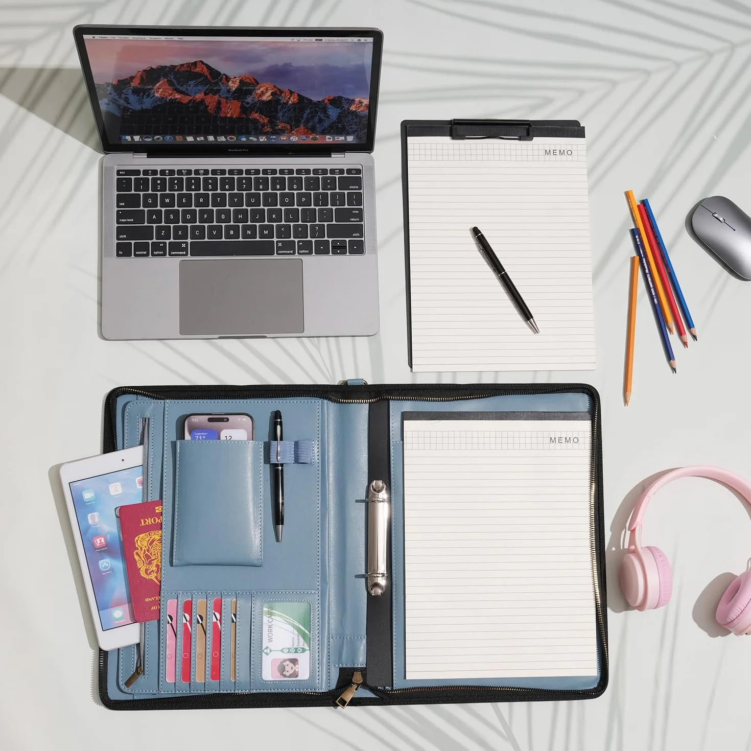 Wason Cartella A4 con Cerniera Portafoglio Pelle PU Raccoglitore Anelli Staccabile Supporto Blocco Note Organizzatore Ufficio Viaggi Scuola Blu nebbia