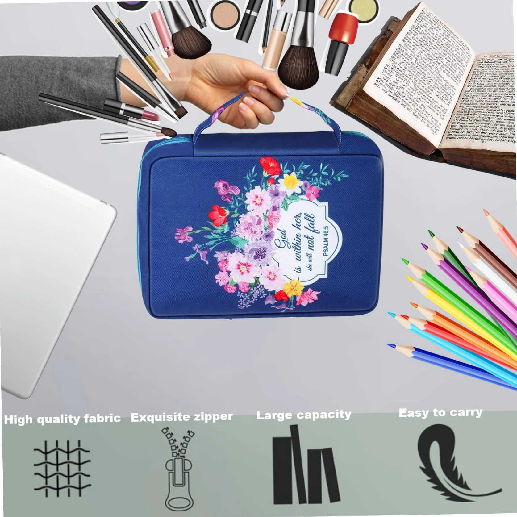 Custodia per Bibbia Donna 25,4 x 17,8 cm Oxford Tessuto Cerniera Floreale Blu