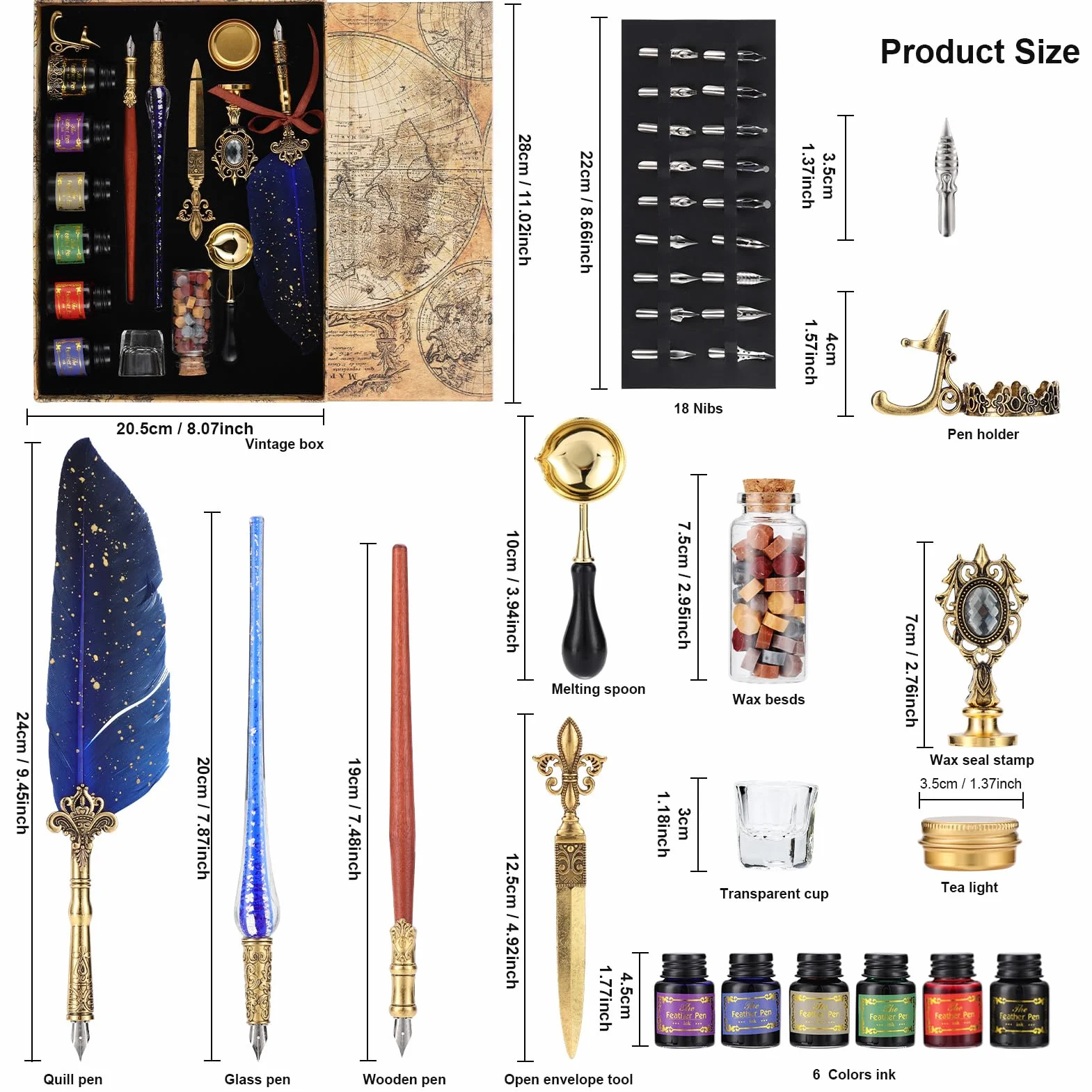 Kit di Penna a Immersione e Inchiostro, Penna Piuma Vintage con Sigillo di Cera, 6 Inchiostro e 18 Pennini di Ricambio, Penne per Calligrafia per Firma, Diario, Scrittura e Disegno