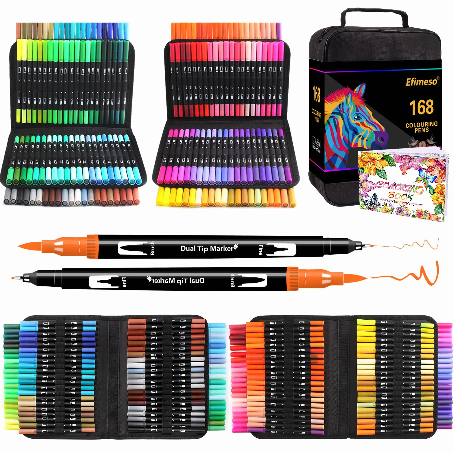 Efimeso 168 Colori Pennelli Colorazione Adulto, Penna Feltro Doppia Punta Sottile per Bambini,Pennelli Acquerello Marcatori per Artisti Disegno Schizzo Calligrafia