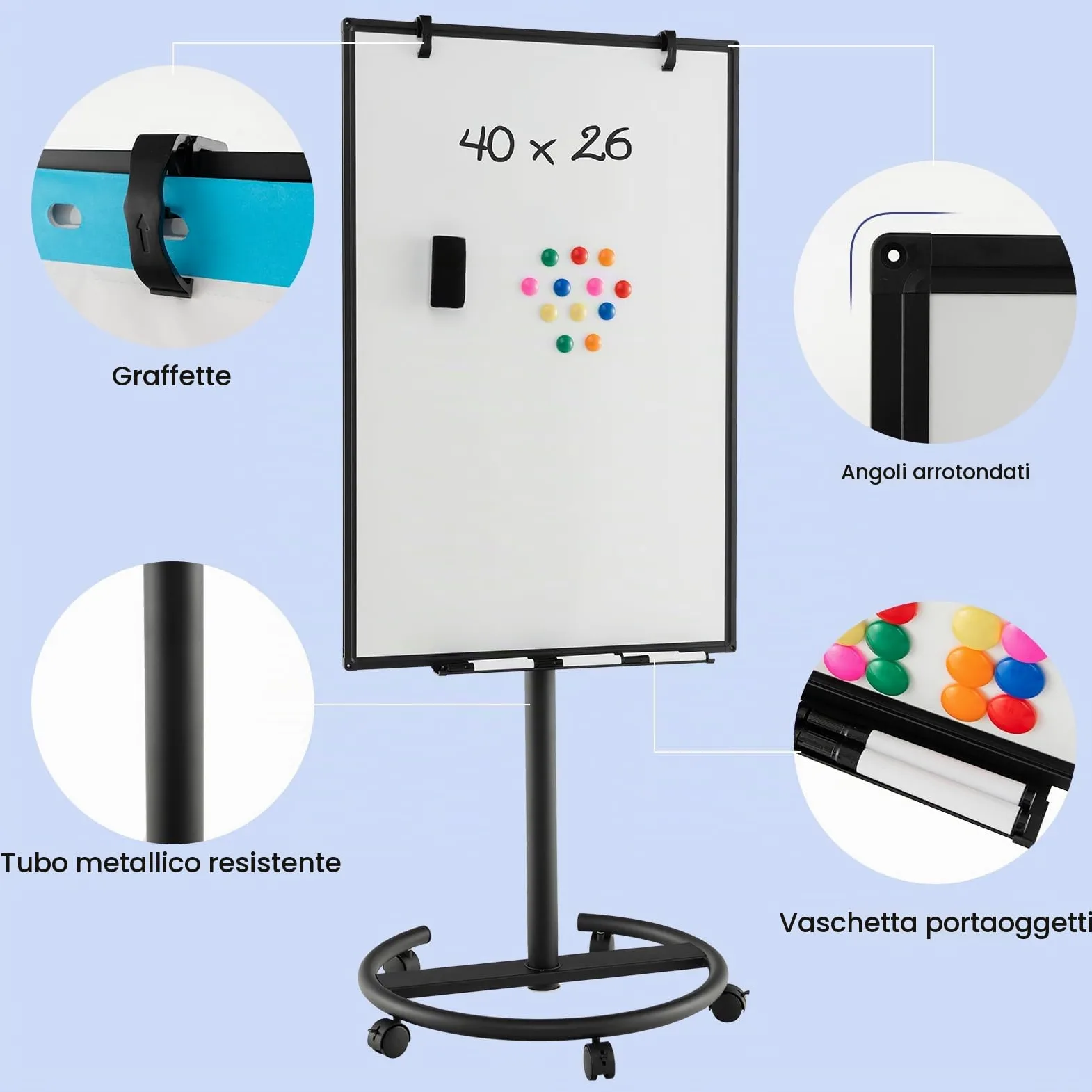 GYMAX 100 x 65 x 132-192 cm Lavagna Bianca a Secco Mobile, Lavagna Magnetica con Ruote e Supporto Regolabile in Altezza, 1 Cancellino,12 Magnetici, 25 Fogli di Carta, 6 Penna, 2 Graffette (Nero)