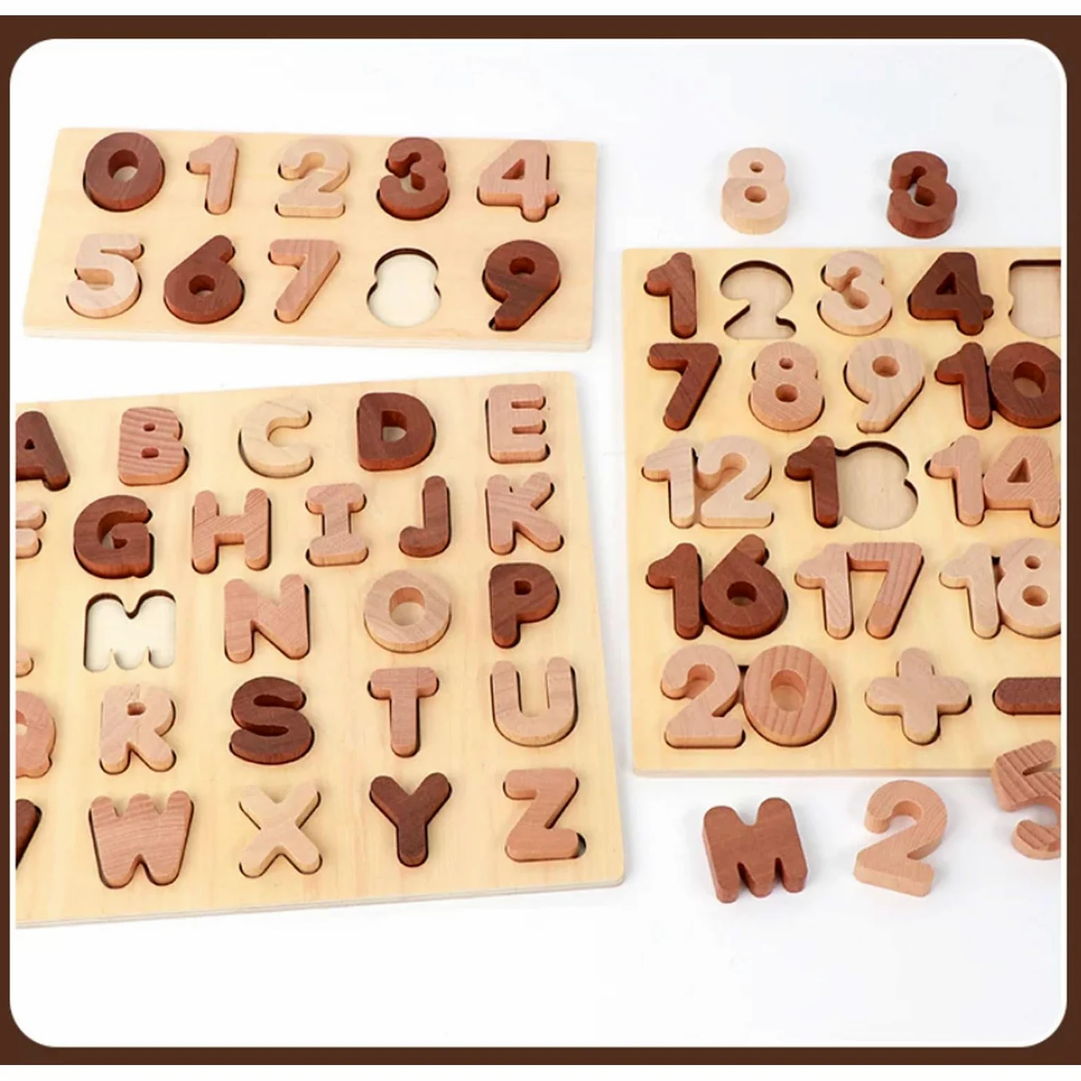 Puzzle in Legno Montessori con Alfabeto e Numeri | Sorter di forme di lettere e numeri in legno multi-tono naturale maiuscole e minuscole ABC 0-20