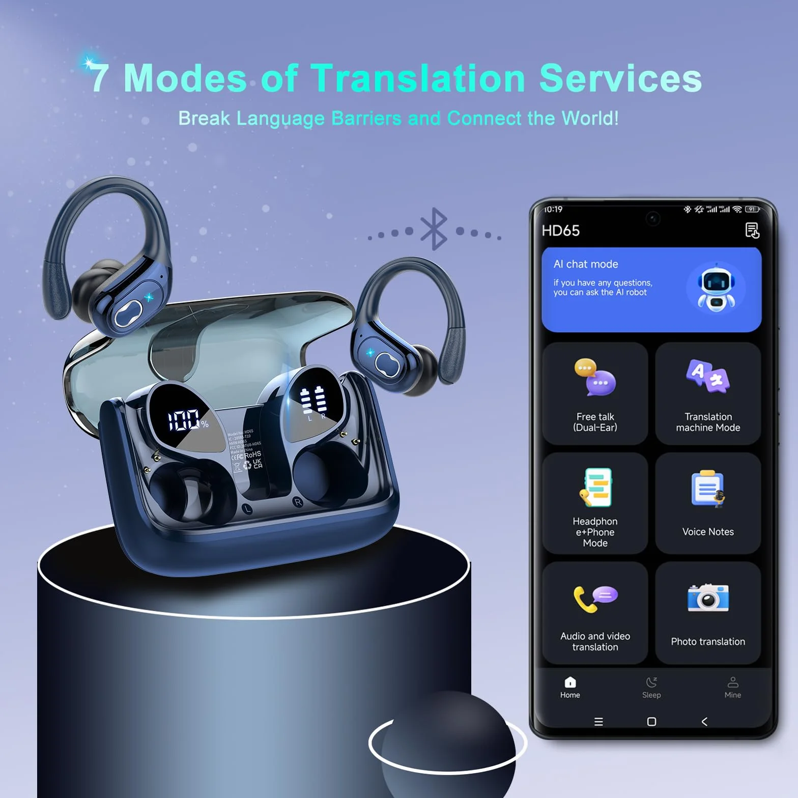 AI Cuffie Traduzione, 3 in 1 Bluetooth 5.4 Auricolari Traduzione con 164 Lingue/6 Modalità di Traduzion, 75 Ore Cuffie Traduttori Istantanei con APP, Auricolare bluetooth per Viaggi/Affari, Blu
