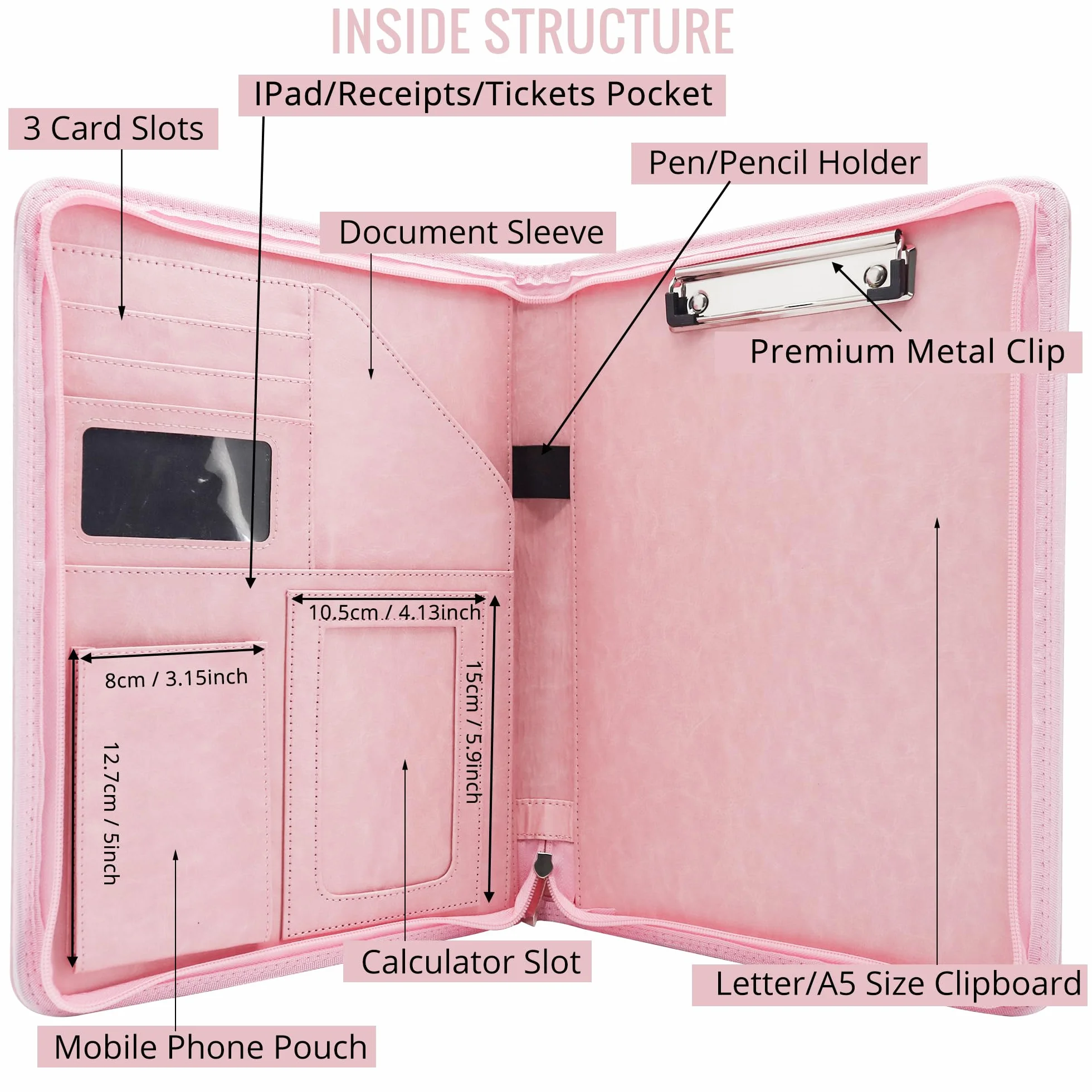 GraduatePro Porta Documenti A4 Pelle Portablocco Con Pinza Impermeabile Rosa