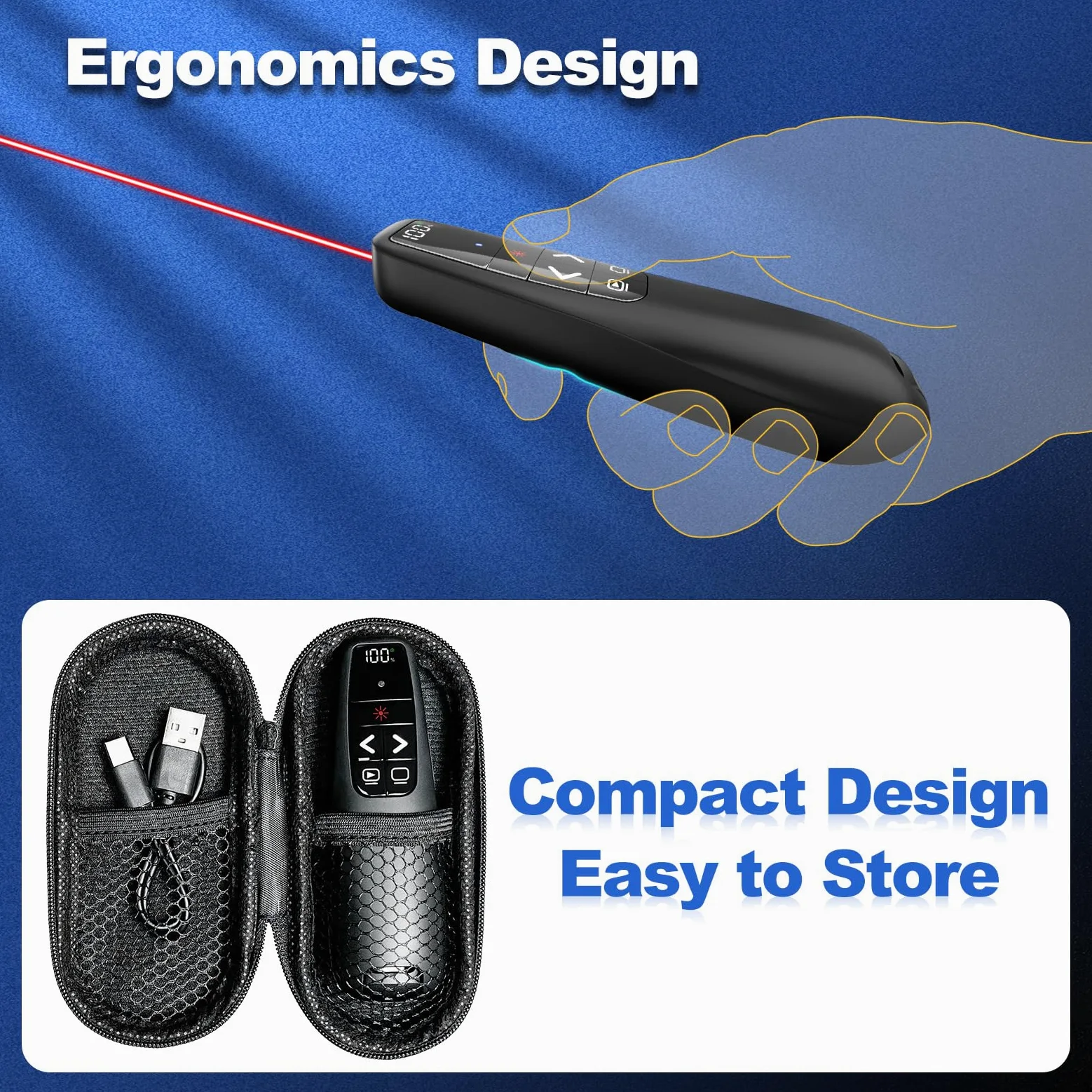 Pulsante wireless per presentazioni con puntatore rosso, Power Smart Digital Display PowerPoint Presenter Remote, USB C ricaricabile A Google Slide Advancer per Mac Laptop PC Computer Keynote